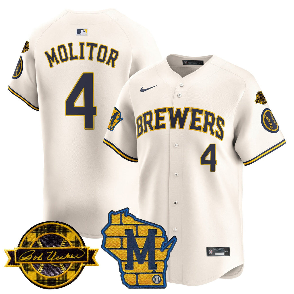 Men's Milwaukee Brewers Home & Bob Uecker Patch Vapor Premier Limited Jersey - All Stitched
