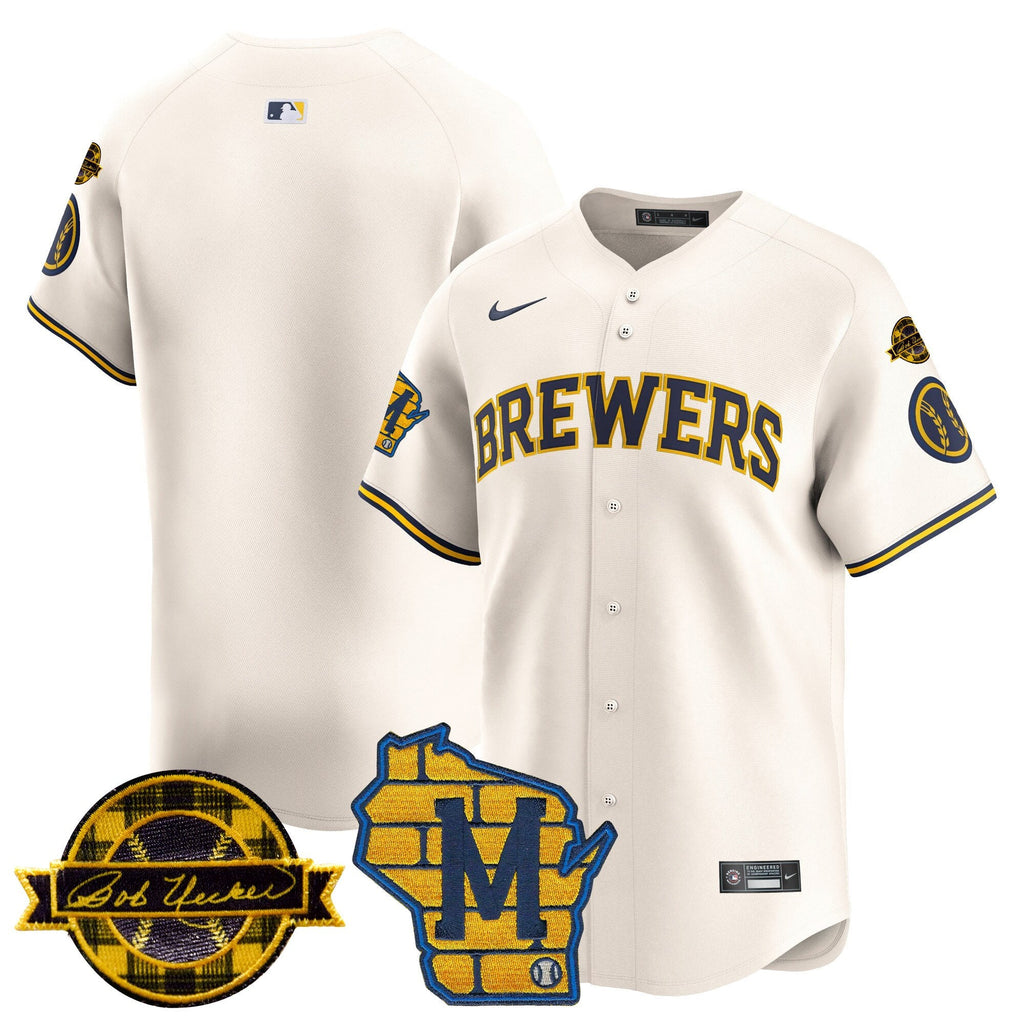 Men's Milwaukee Brewers Home & Bob Uecker Patch Vapor Premier Limited Jersey - All Stitched