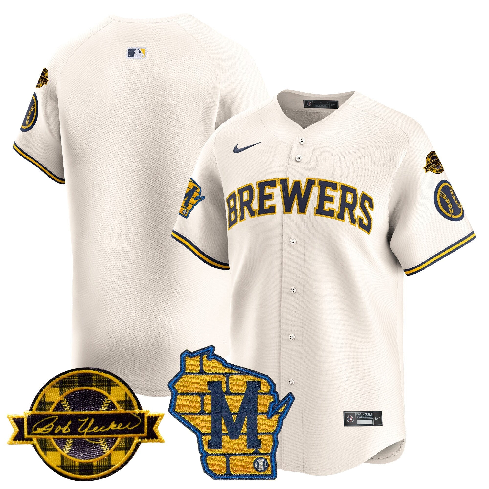 Men's Milwaukee Brewers Home & Bob Uecker Patch Vapor Premier Limited Jersey - All Stitched