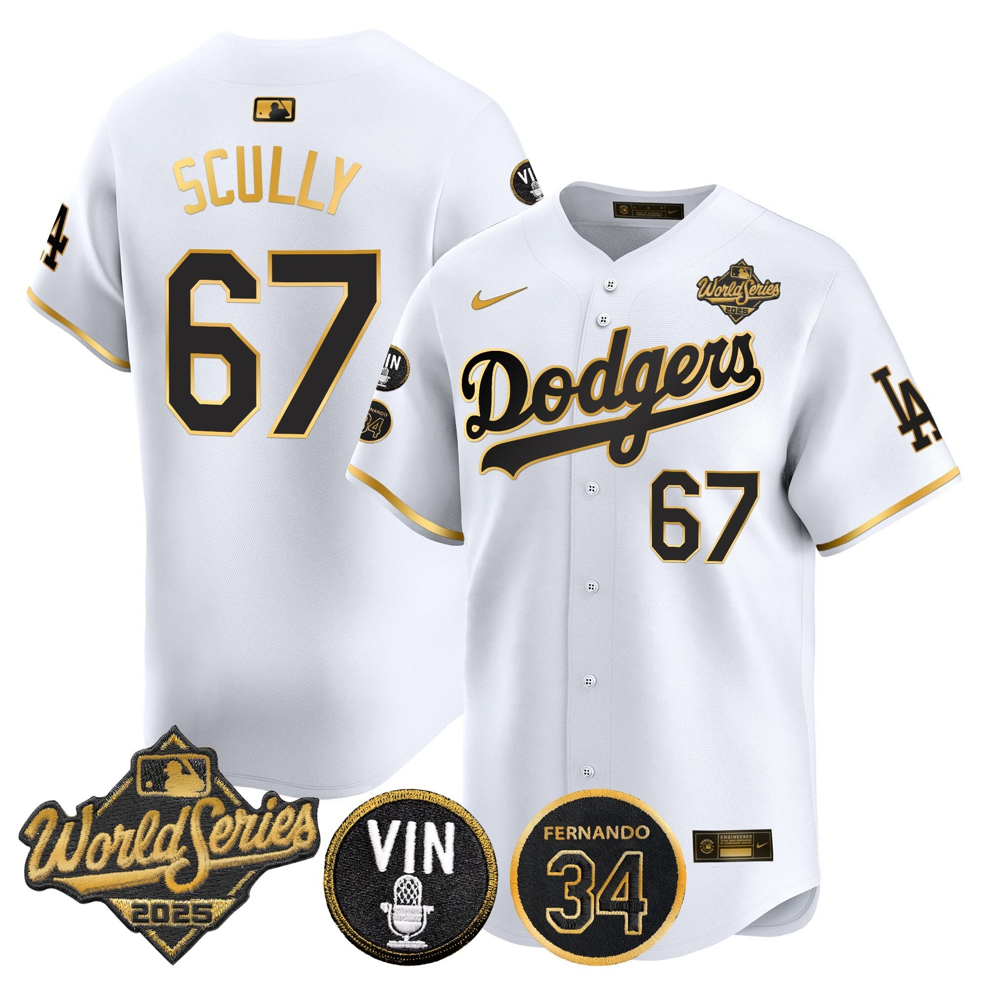 Men's Dodgers 2025 World Series Vapor Premier Limited Jersey - Vin Scully & Fernando Patch - All Stitched