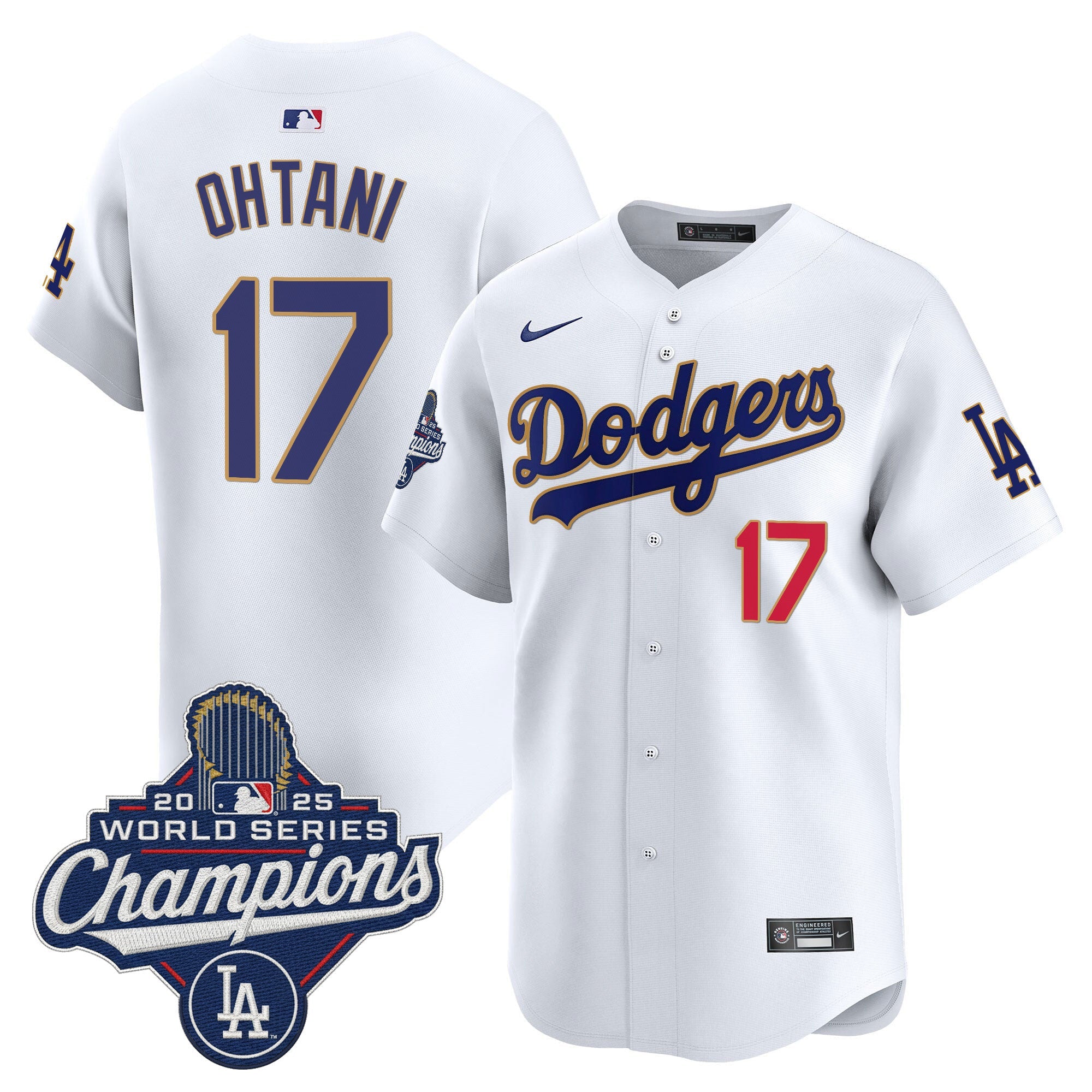 Men's Dodgers 2025 World Series Champions Patch Gold Trim Vapor Premier Limited Jersey - All Stitched