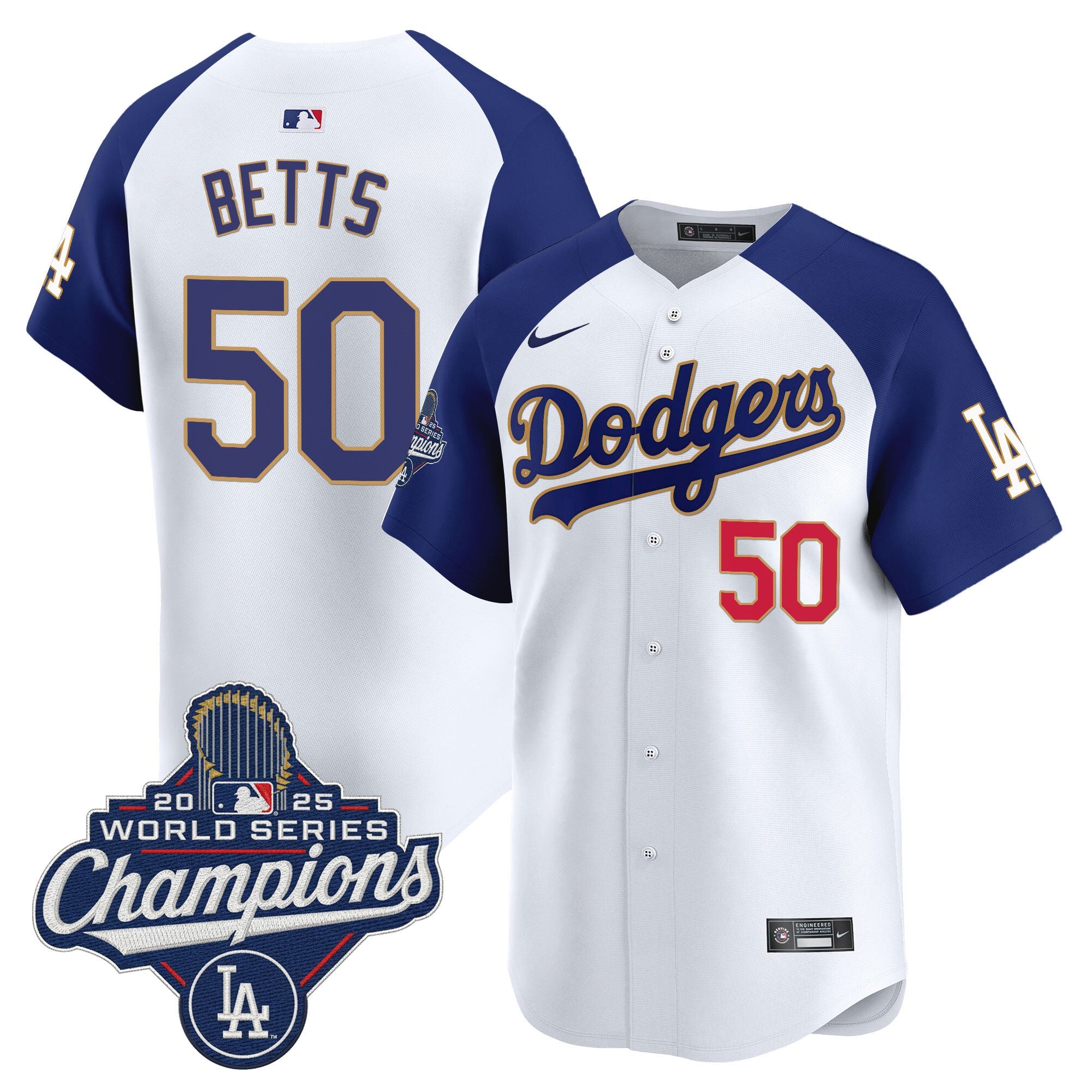 Men's Dodgers 2025 World Series Champions Patch Gold Trim Vapor Premier Limited Jersey - All Stitched