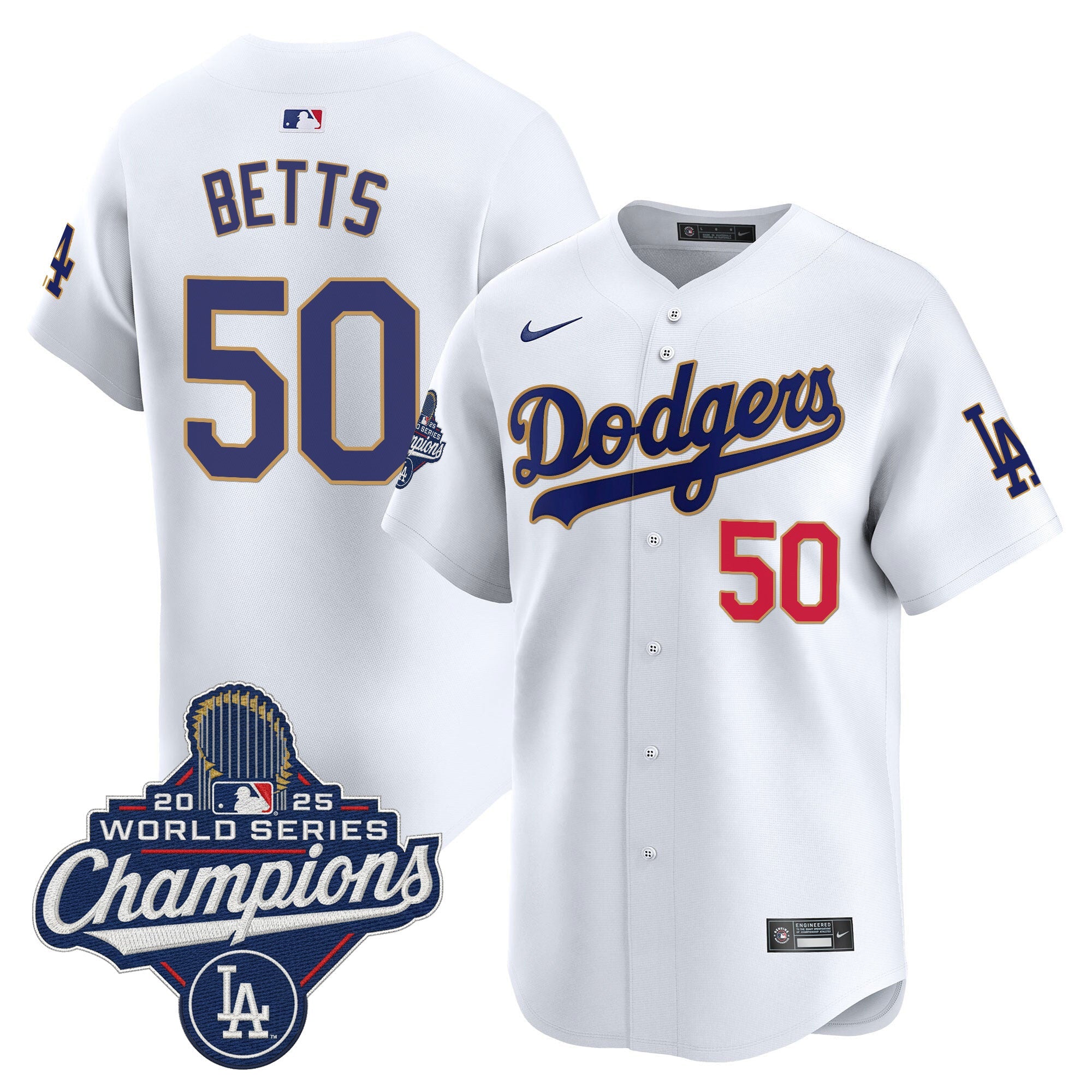 Men's Dodgers 2025 World Series Champions Patch Gold Trim Vapor Premier Limited Jersey - All Stitched