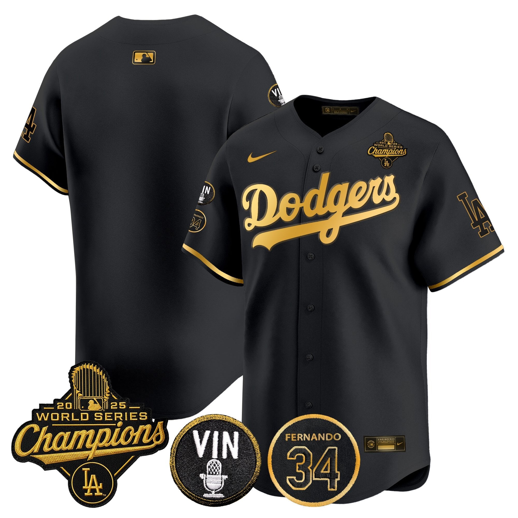 Men's Dodgers 2025 World Series Champions Vapor Premier Limited Jersey - Vin Scully & Fernando Patch - All Stitched