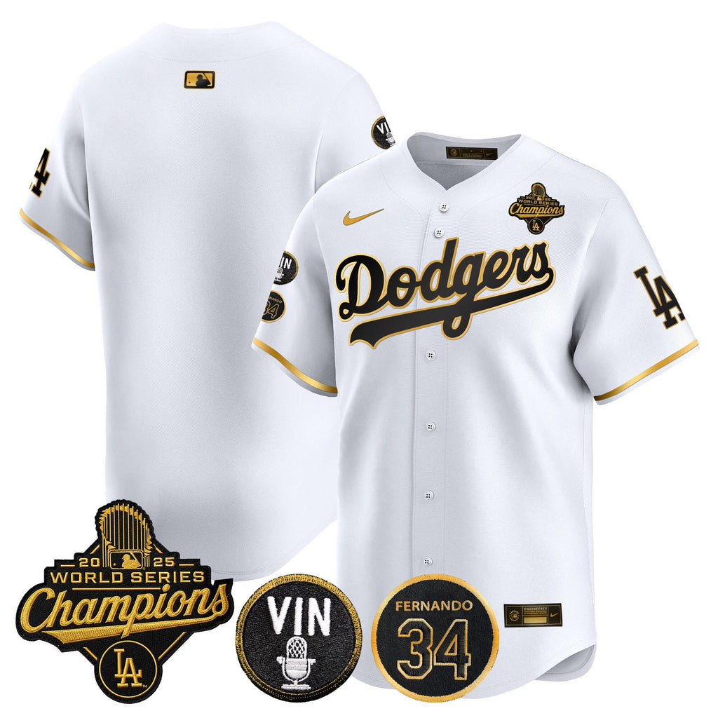 Men's Dodgers 2025 World Series Champions Vapor Premier Limited Jersey - Vin Scully & Fernando Patch - All Stitched
