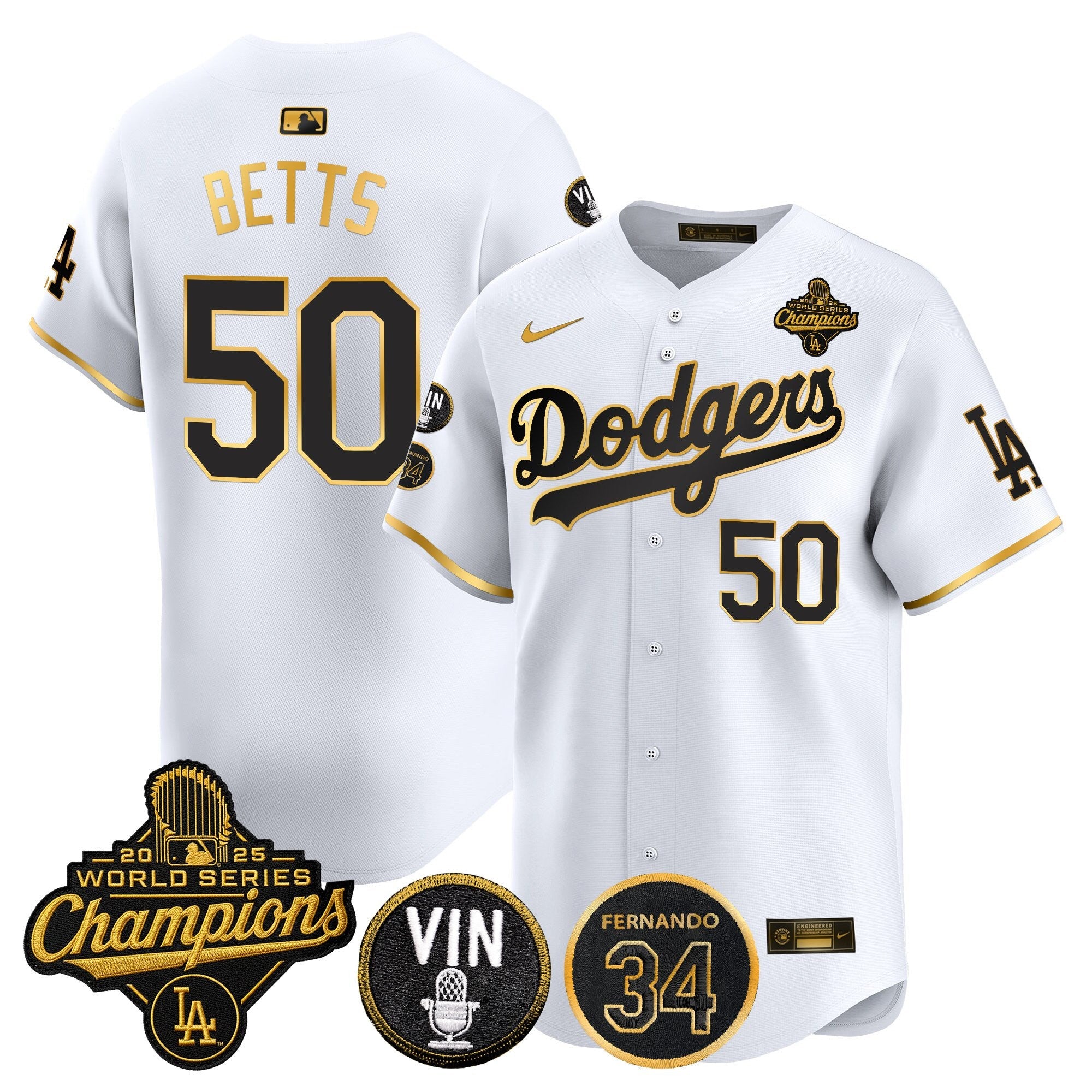 Men's Dodgers 2025 World Series Champions Vapor Premier Limited Jersey - Vin Scully & Fernando Patch - All Stitched