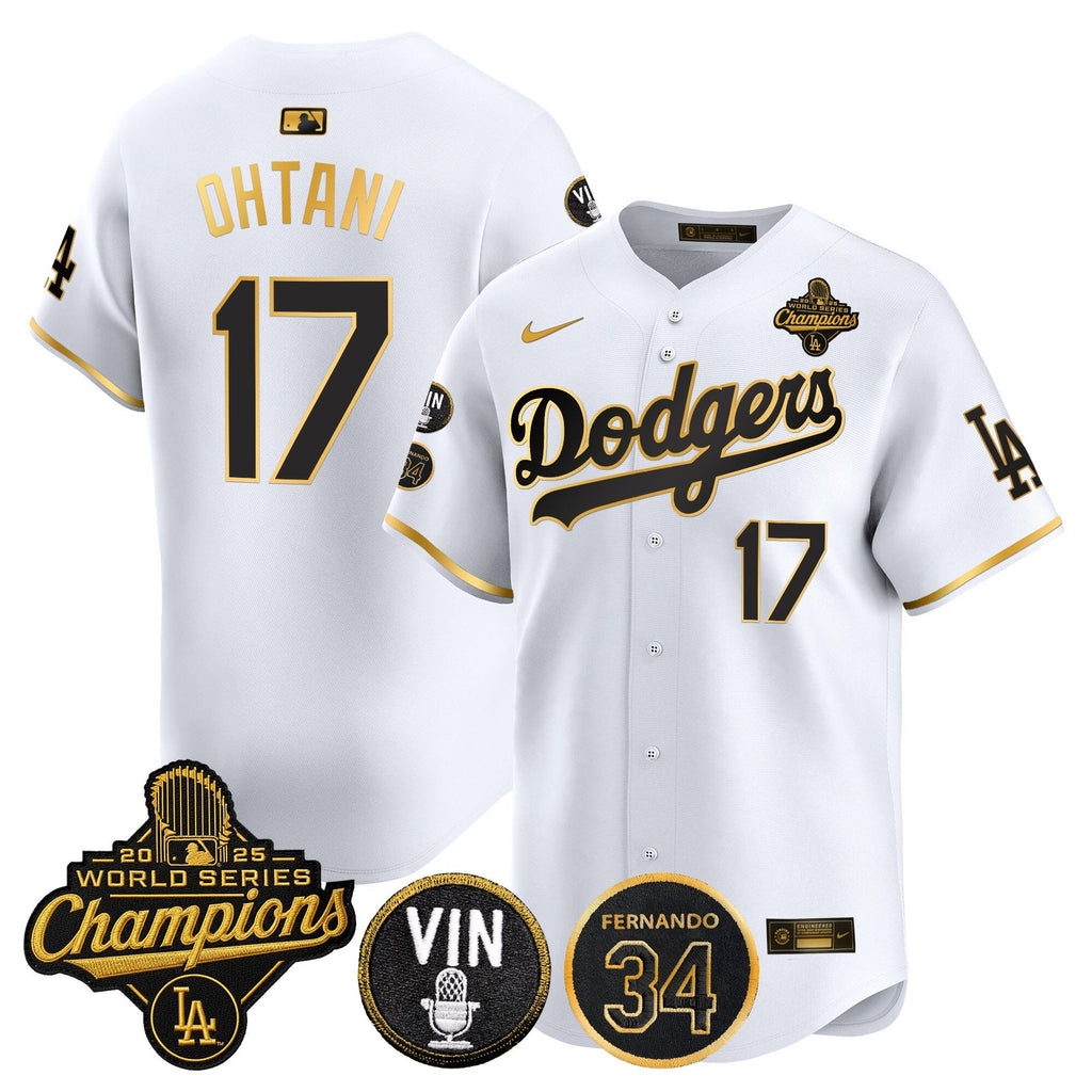 Men's Dodgers 2025 World Series Champions Vapor Premier Limited Jersey - Vin Scully & Fernando Patch - All Stitched