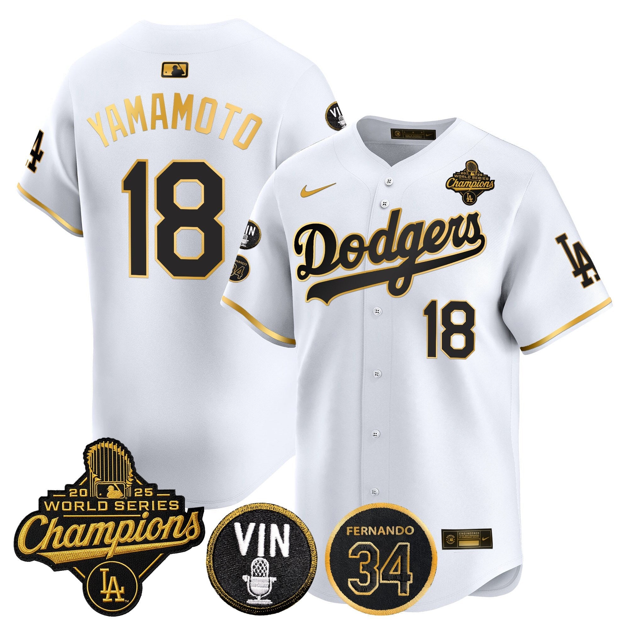 Men's Dodgers 2025 World Series Champions Vapor Premier Limited Jersey - Vin Scully & Fernando Patch - All Stitched