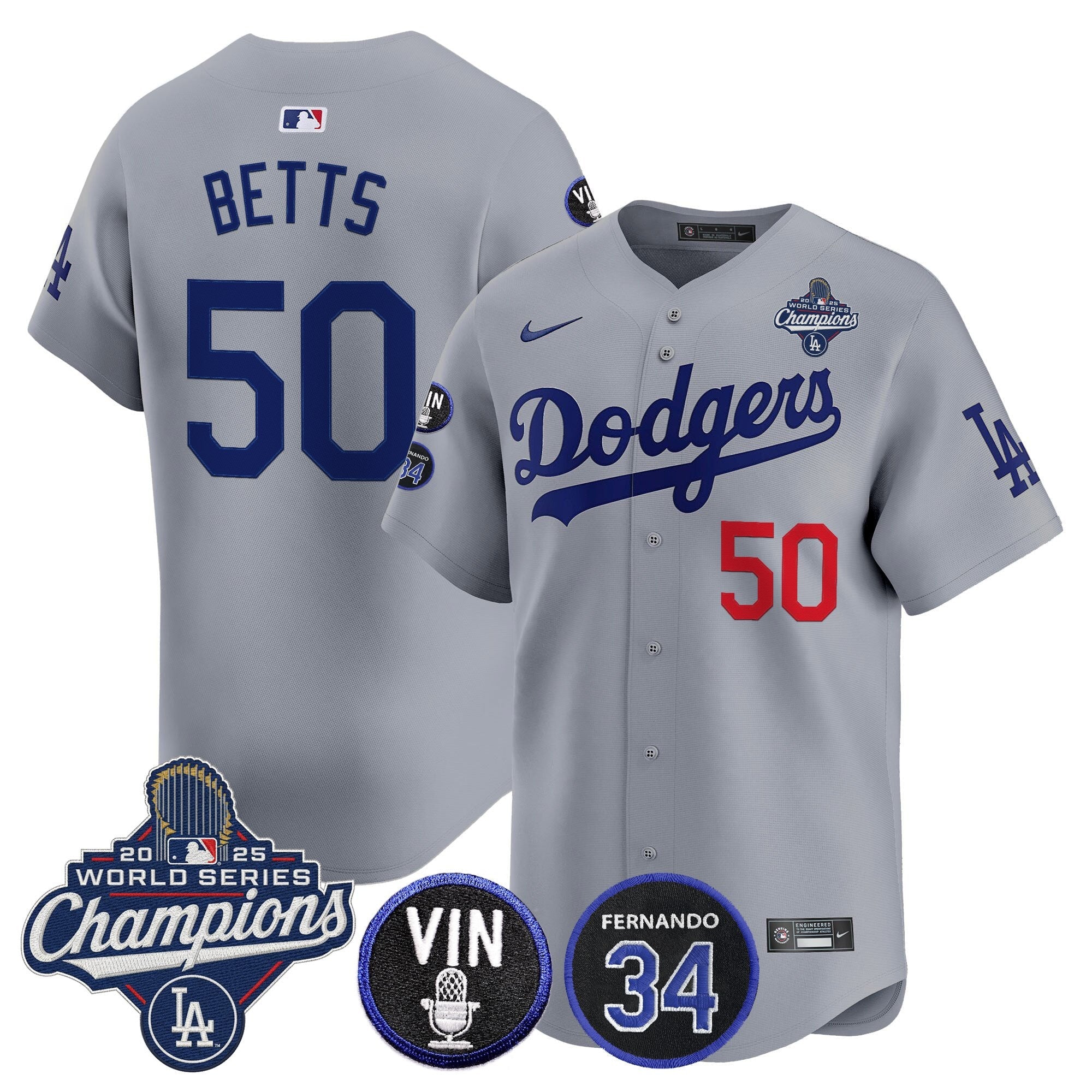 Men's Dodgers 2025 World Series Champions Vapor Premier Limited Jersey - Vin Scully & Fernando Patch - All Stitched