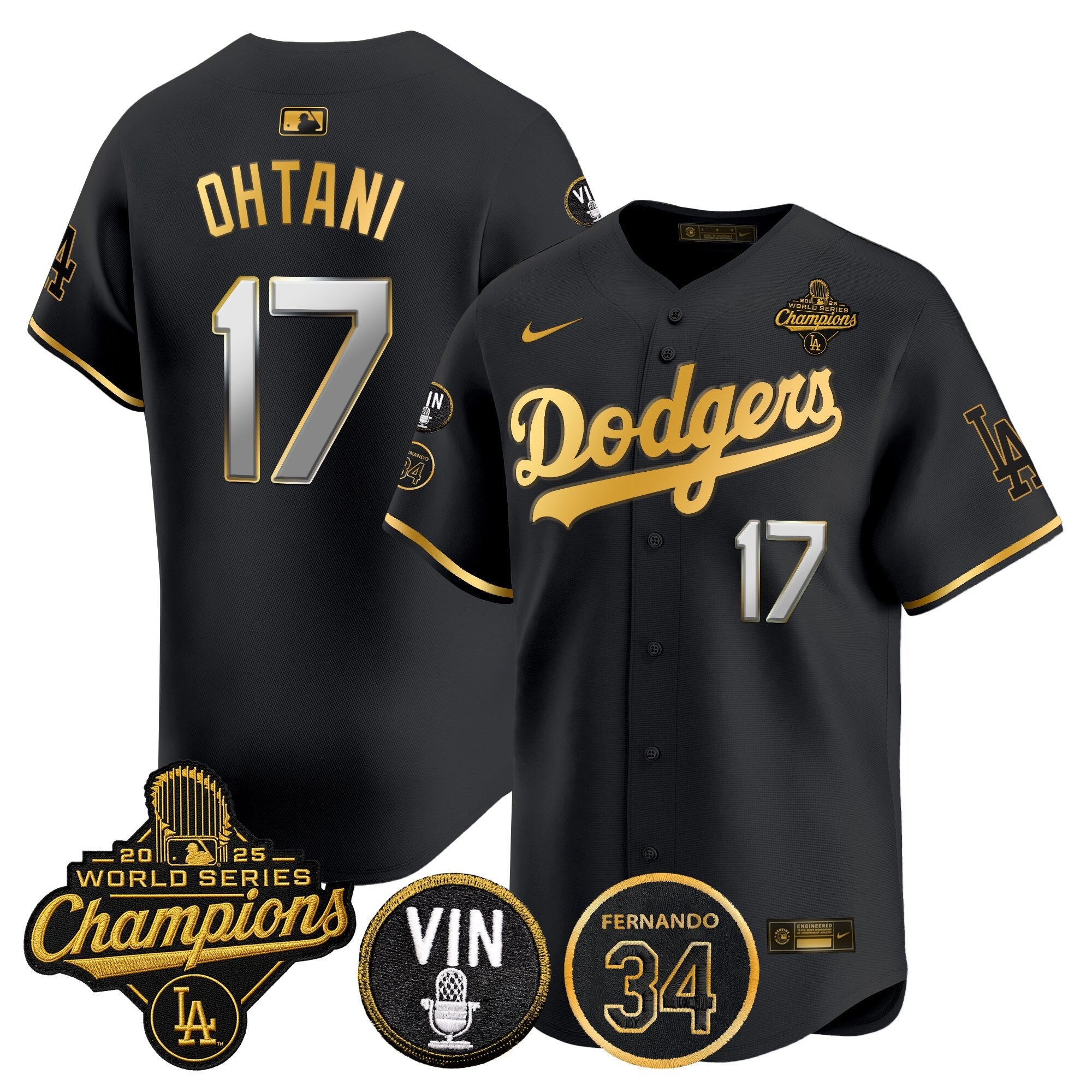 Men's Dodgers 2025 World Series Champions Vapor Premier Limited Jersey - Vin Scully & Fernando Patch - All Stitched