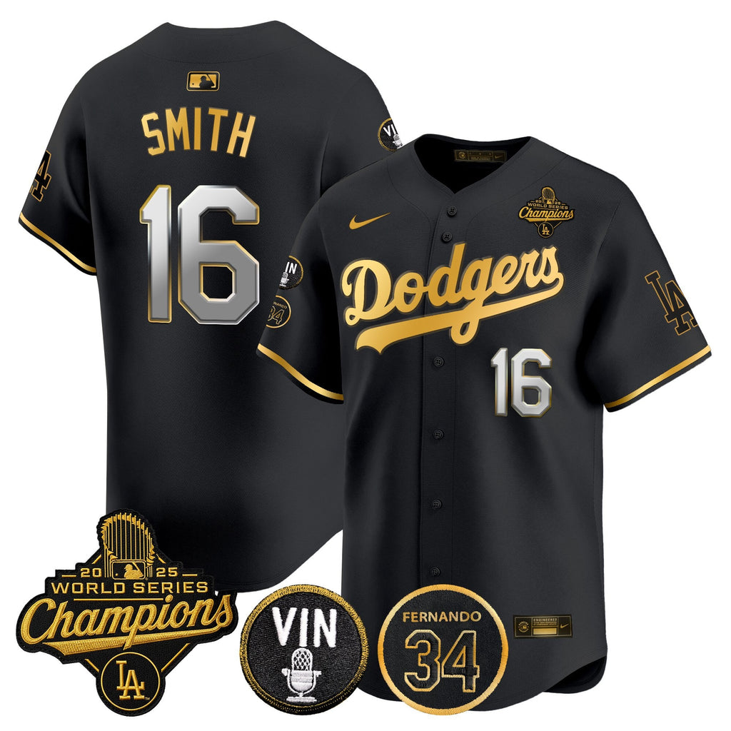 Men's Dodgers 2025 World Series Champions Vapor Premier Limited Jersey - Vin Scully & Fernando Patch - All Stitched