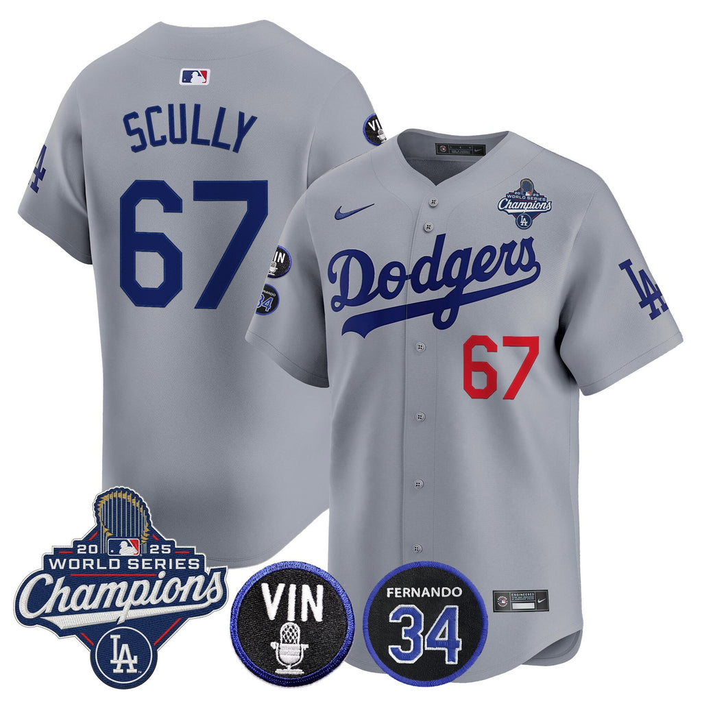 Men's Dodgers 2025 World Series Champions Vapor Premier Limited Jersey - Vin Scully & Fernando Patch - All Stitched
