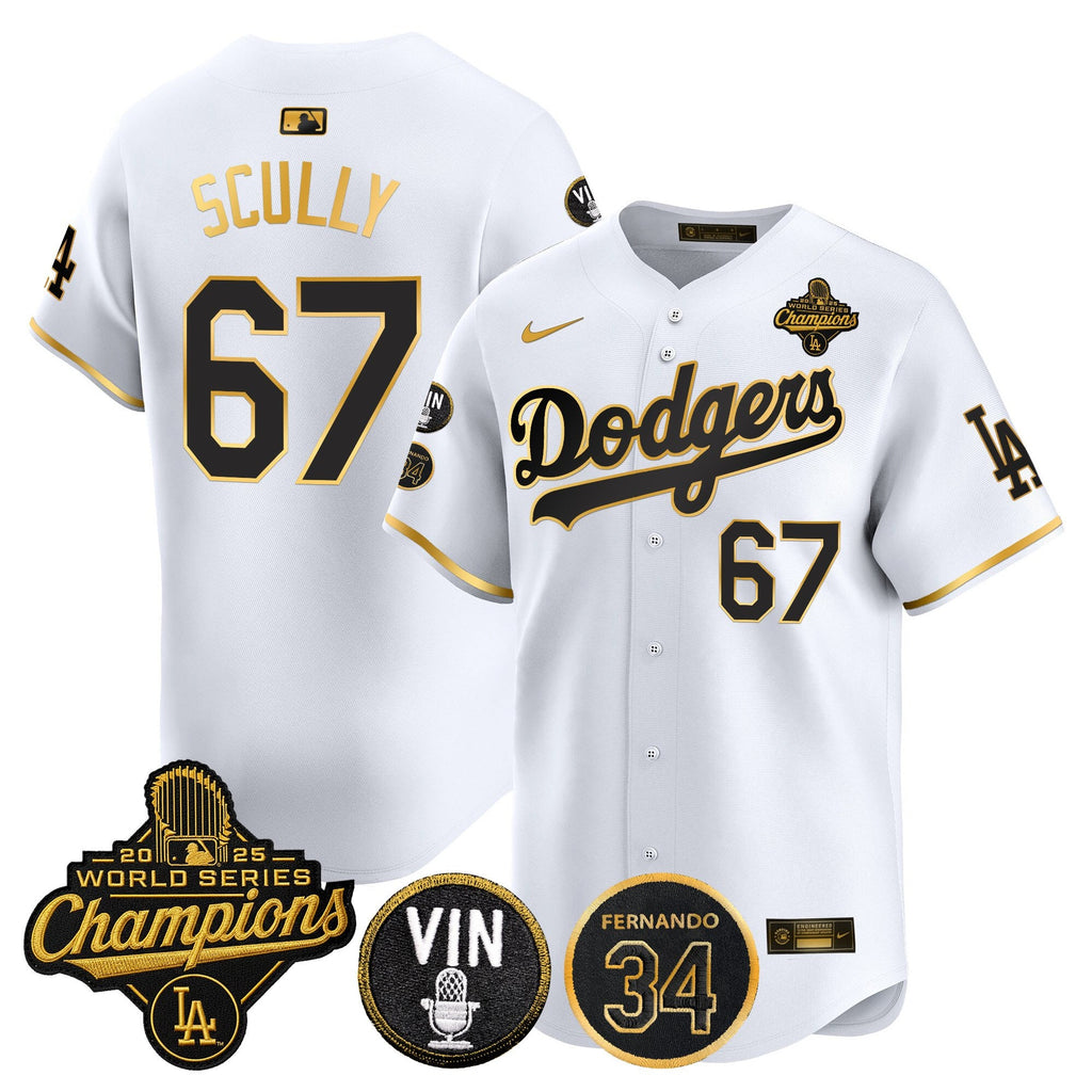 Men's Dodgers 2025 World Series Champions Vapor Premier Limited Jersey - Vin Scully & Fernando Patch - All Stitched