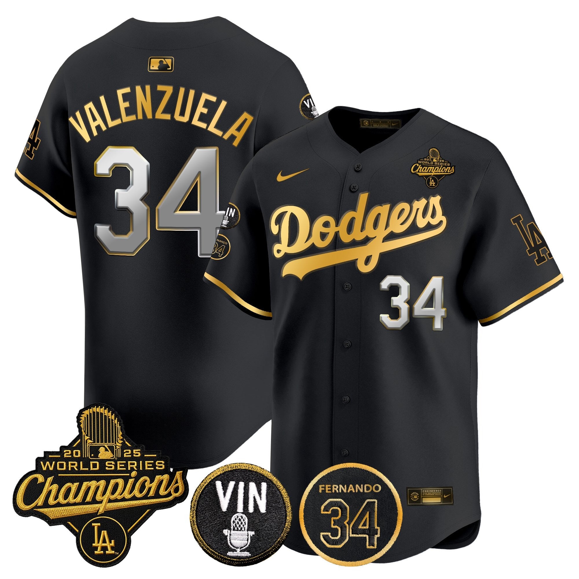 Men's Dodgers 2025 World Series Champions Vapor Premier Limited Jersey - Vin Scully & Fernando Patch - All Stitched
