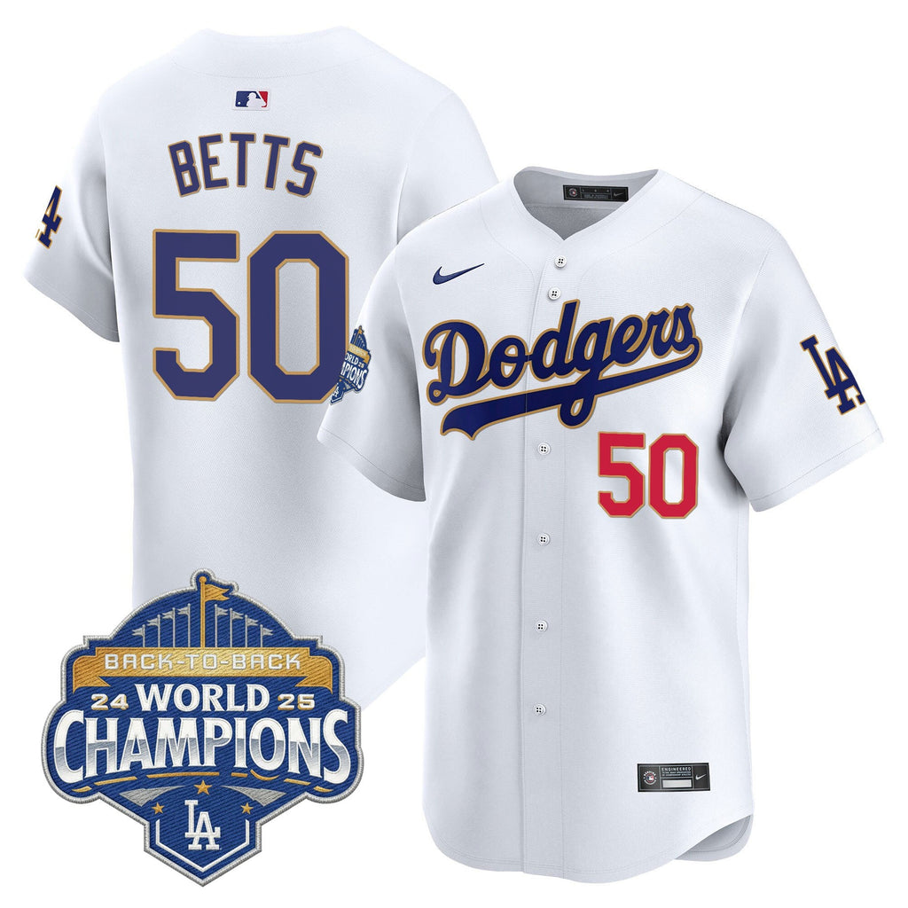 Men's Dodgers 2025 Back-To-Back Champions Gold Trim Vapor Premier Limited Jersey - All Stitched