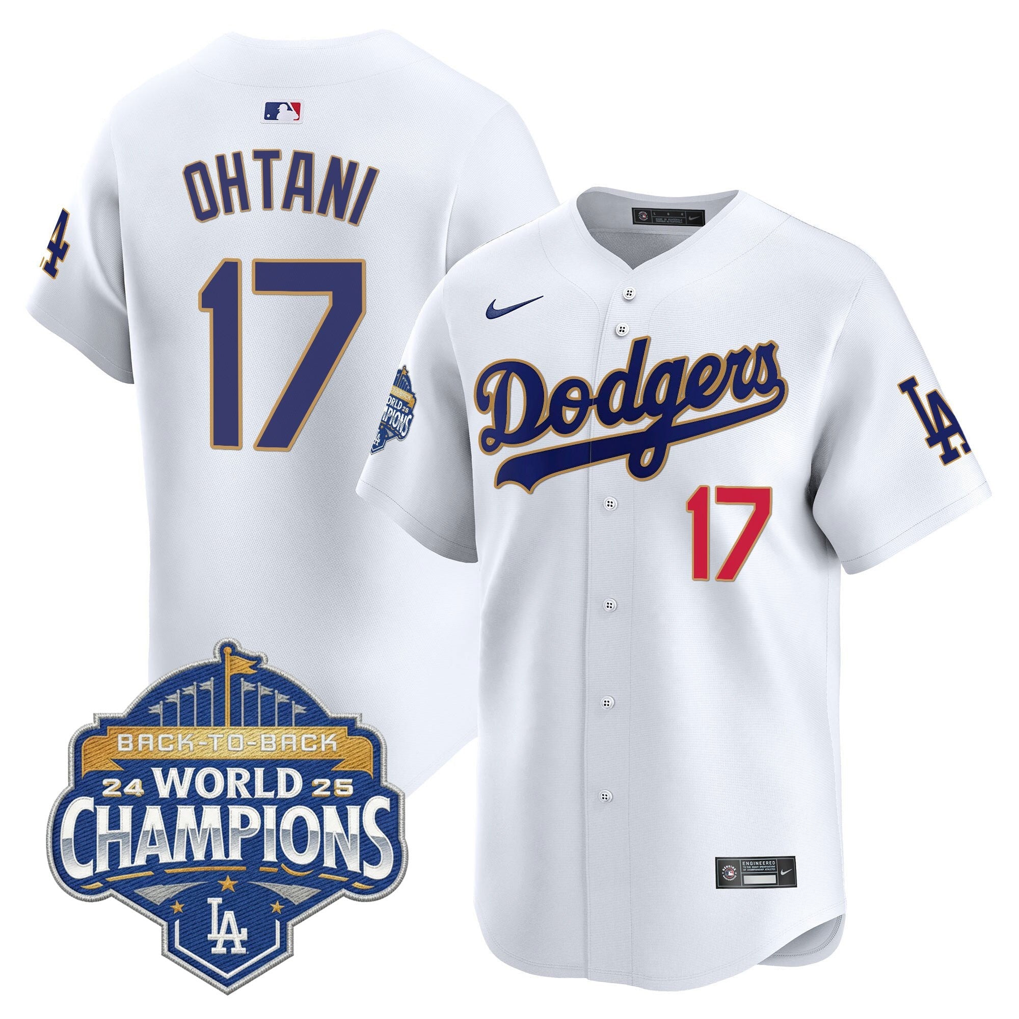 Men's Dodgers 2025 Back-To-Back Champions Gold Trim Vapor Premier Limited Jersey - All Stitched