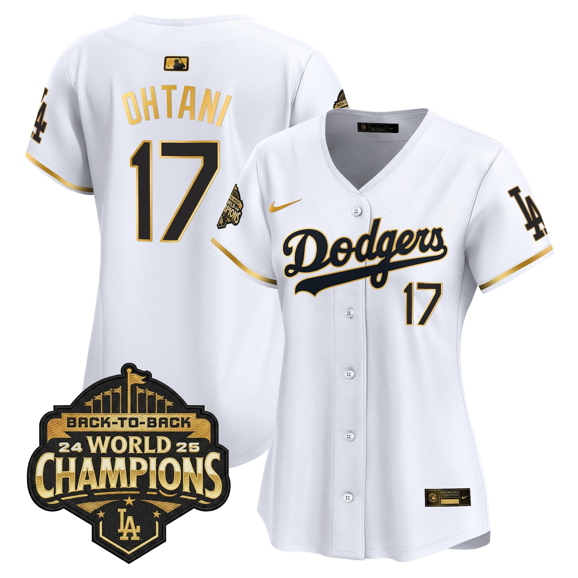 Women's Dodgers 2025 Back-To-Back Champions Gold Trim Vapor Premier Limited Jersey - All Stitched