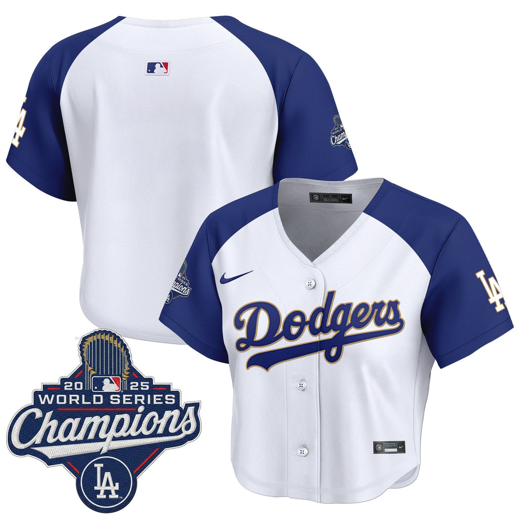 Women's Dodgers 2025 World Series Champions Patch Gold Trim Crop Top Baseball Jersey - All Stitched