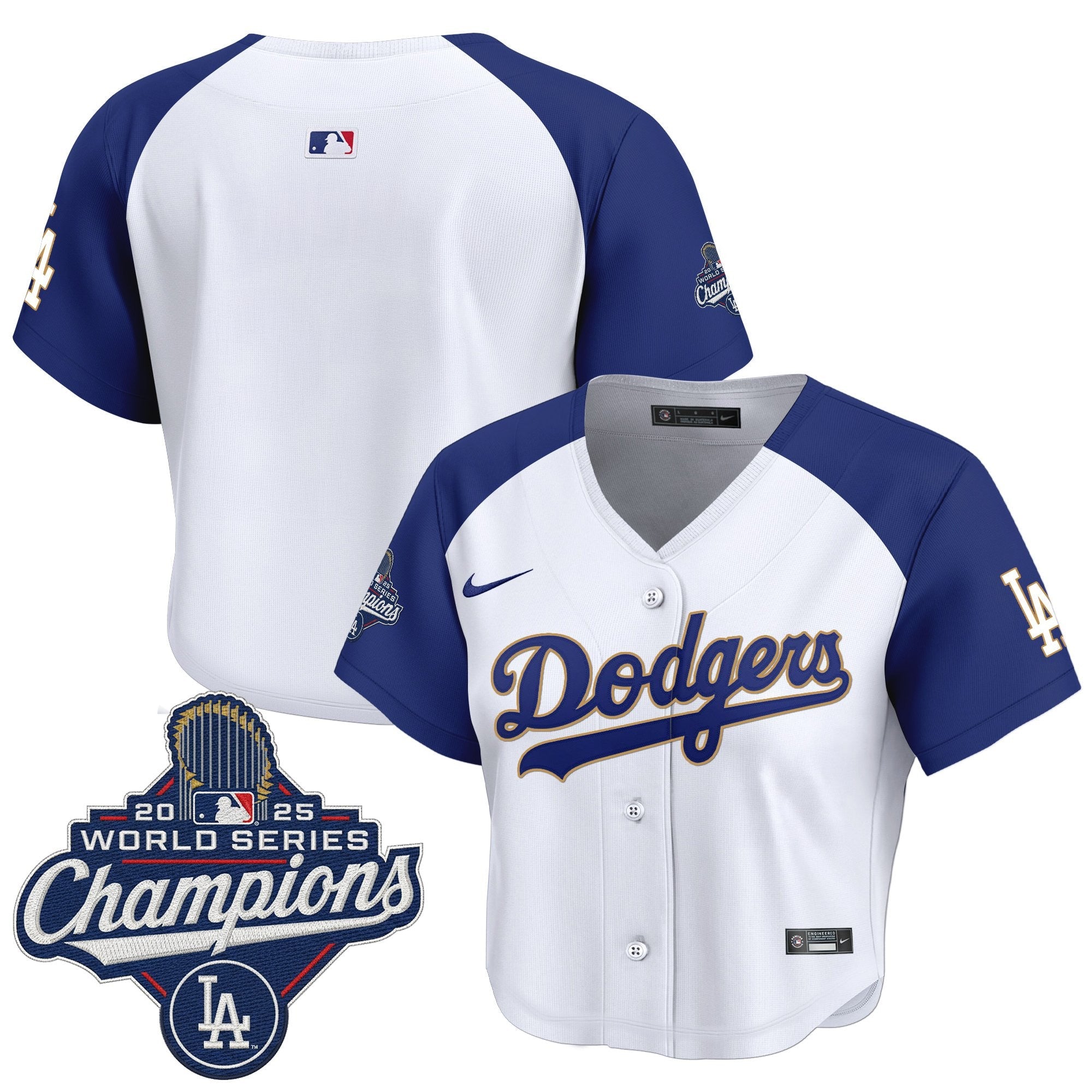 Women's Dodgers 2025 World Series Champions Patch Gold Trim Crop Top Baseball Jersey - All Stitched