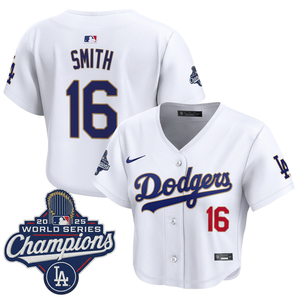Women's Dodgers 2025 World Series Champions Patch Gold Trim Crop Top Baseball Jersey - All Stitched