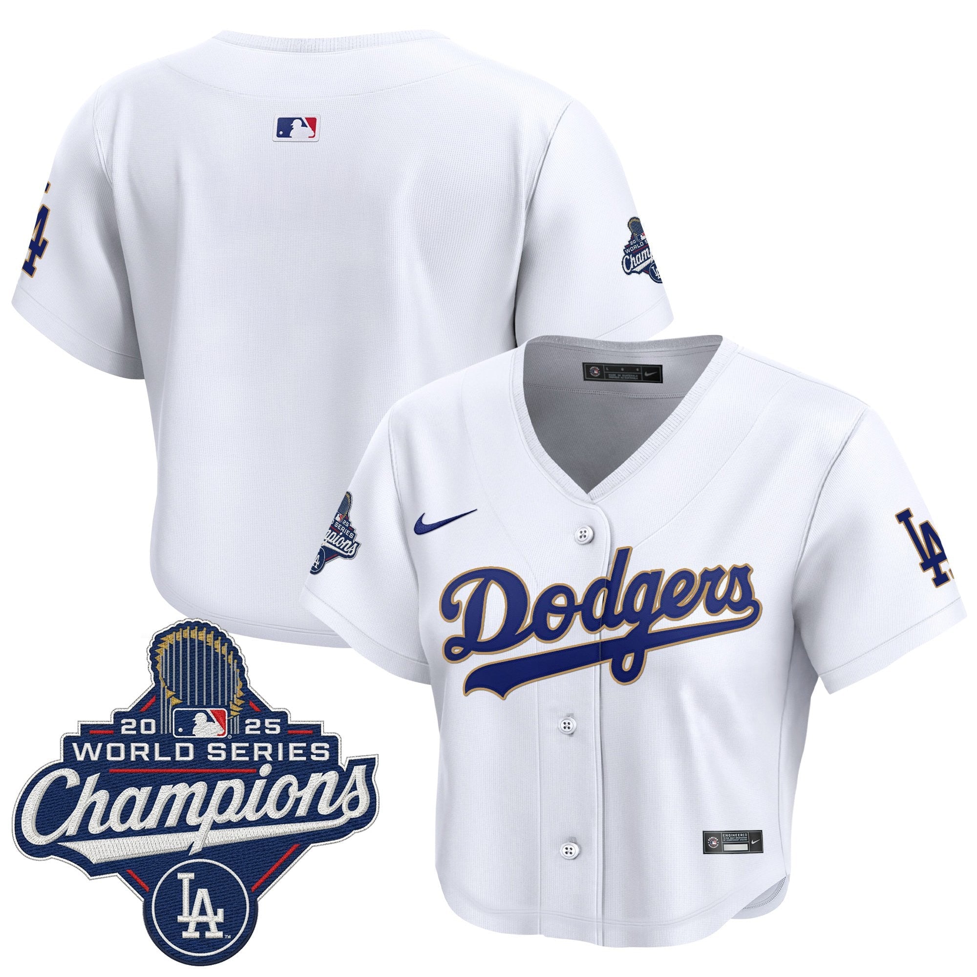 Women's Dodgers 2025 World Series Champions Patch Gold Trim Crop Top Baseball Jersey - All Stitched