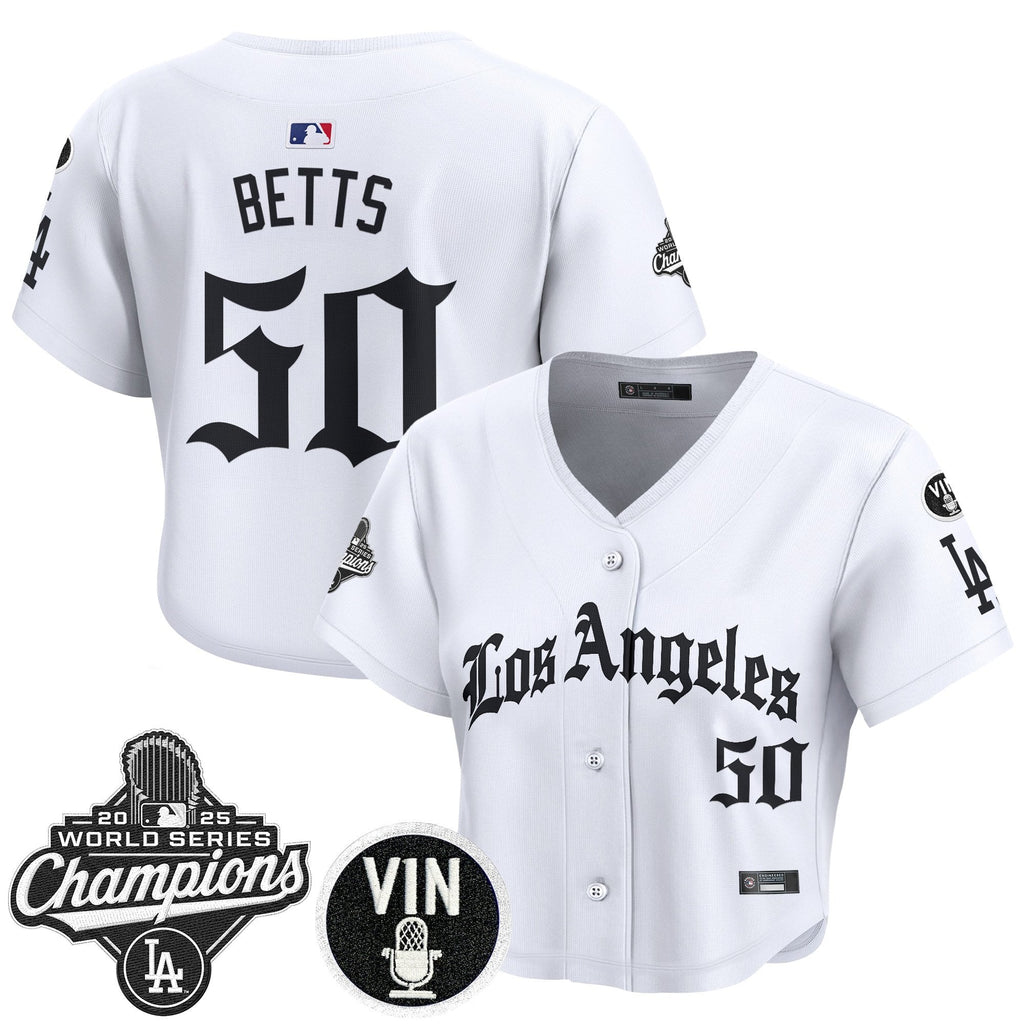 Women's Dodgers 2025 World Series Champions Crop Top Baseball Jersey - LA Gothic Edition - All Stitched