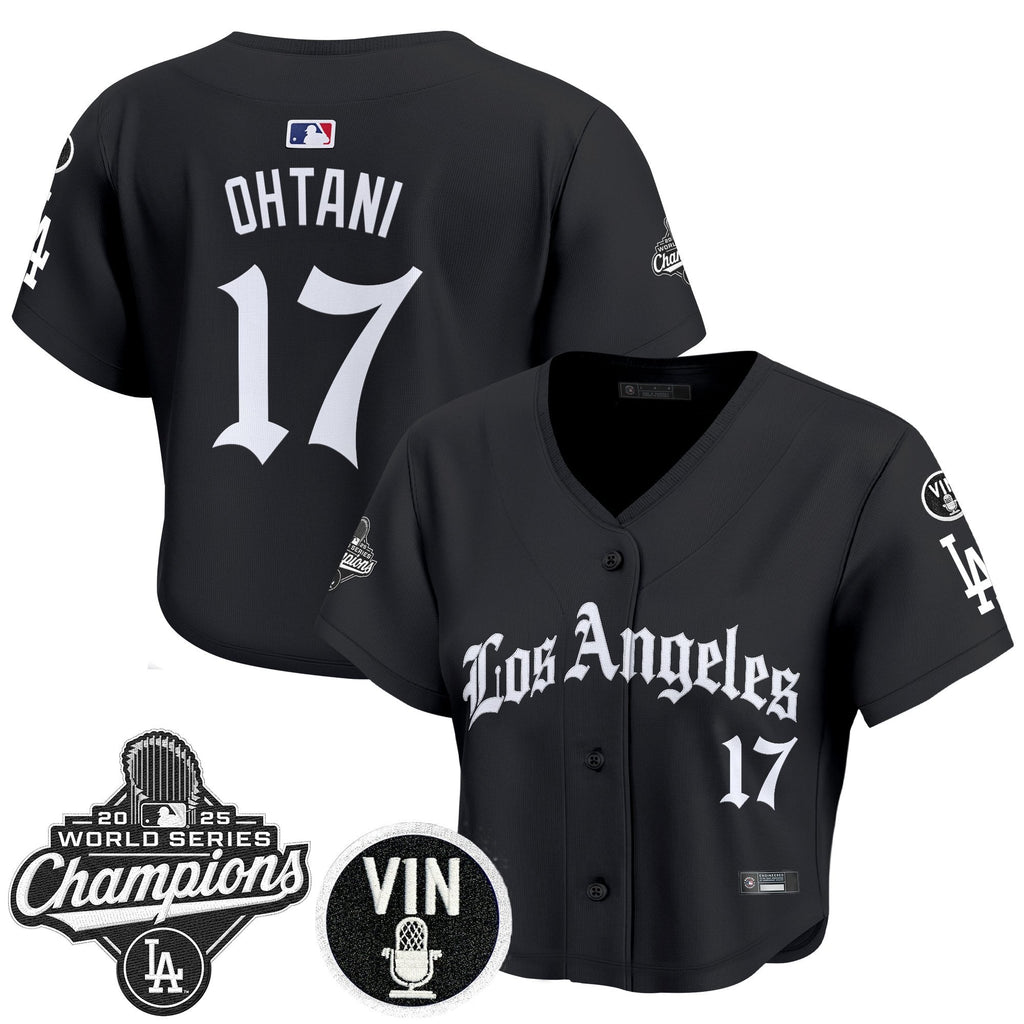 Women's Dodgers 2025 World Series Champions Crop Top Baseball Jersey - LA Gothic Edition - All Stitched