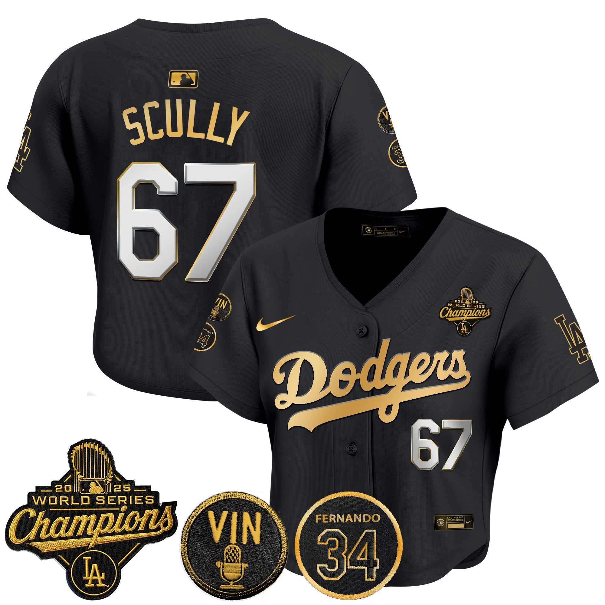 Women's Dodgers 2025 World Series Champions Crop Top Baseball Jersey - Vin Scully & Fernando Patch - All Stitched
