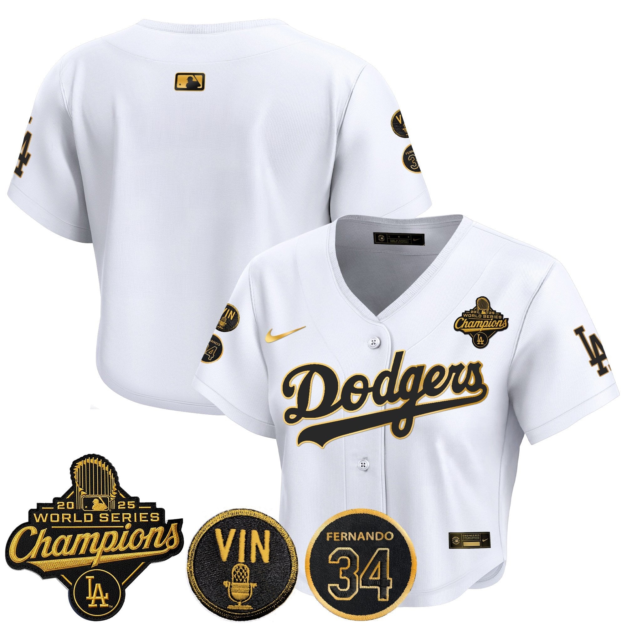 Women's Dodgers 2025 World Series Champions Crop Top Baseball Jersey - Vin Scully & Fernando Patch - All Stitched