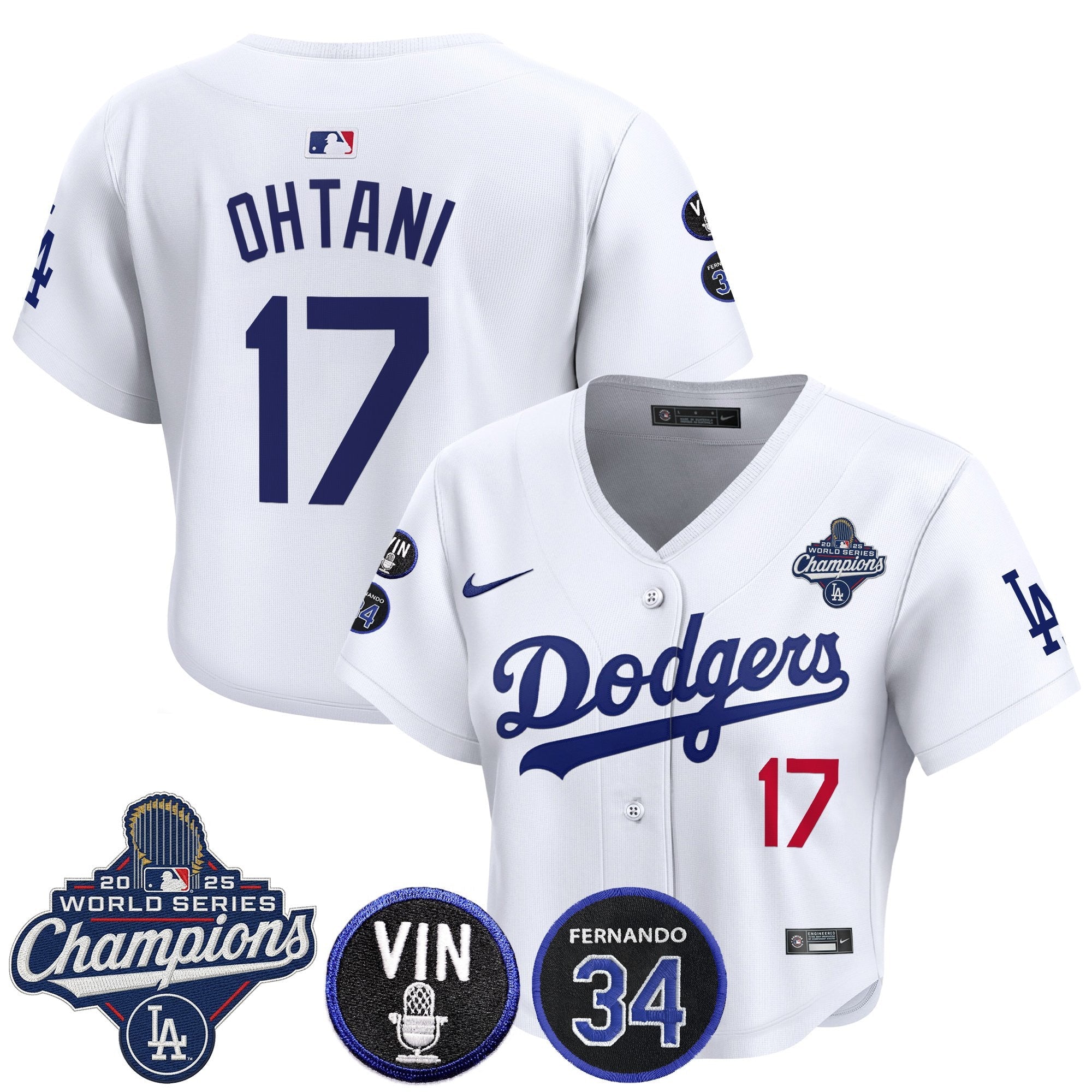 Women's Dodgers 2025 World Series Champions Crop Top Baseball Jersey - Vin Scully & Fernando Patch - All Stitched