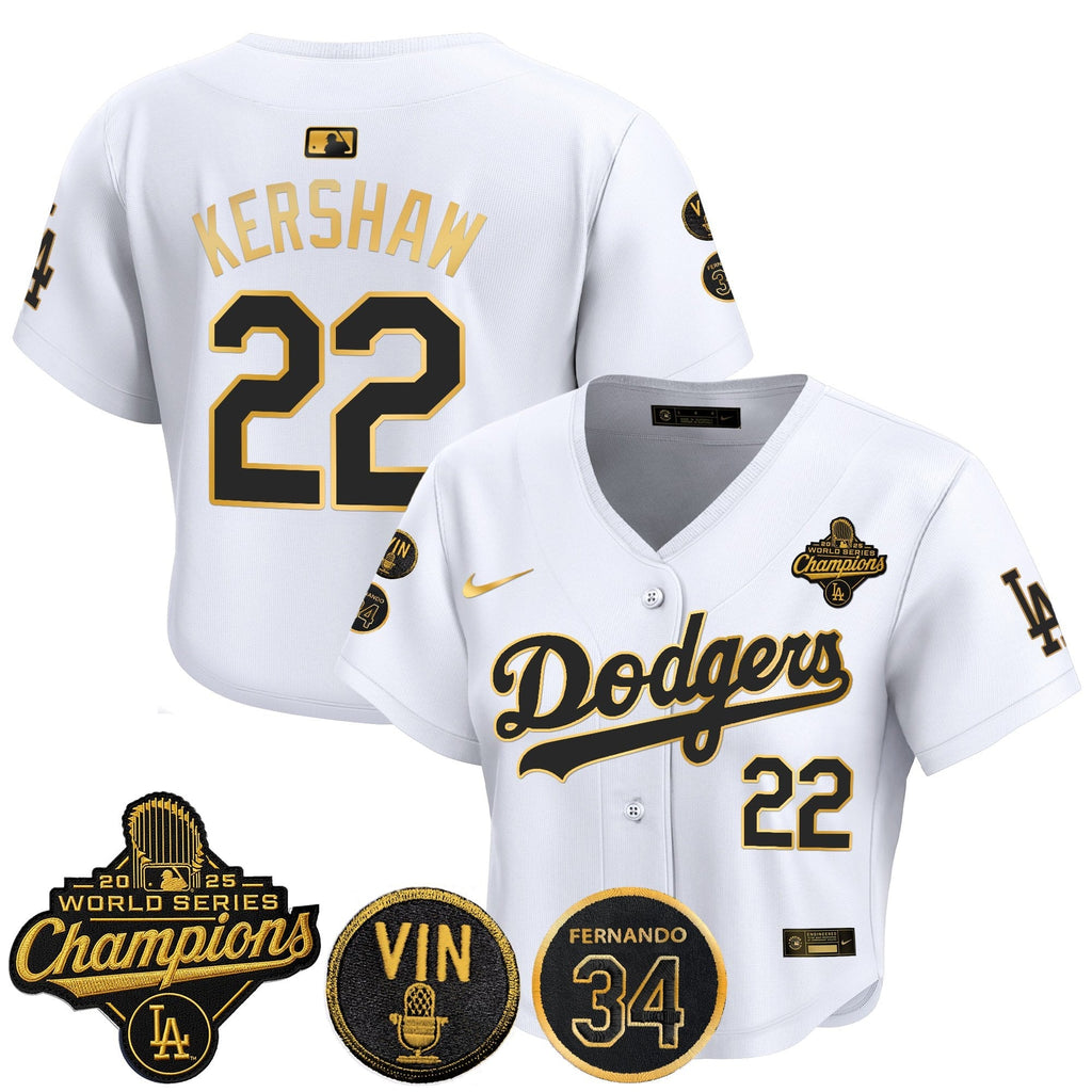 Women's Dodgers 2025 World Series Champions Crop Top Baseball Jersey - Vin Scully & Fernando Patch - All Stitched