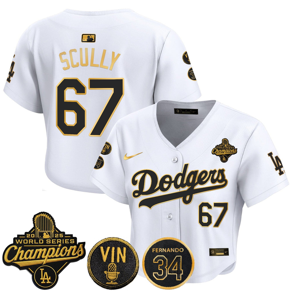 Women's Dodgers 2025 World Series Champions Crop Top Baseball Jersey - Vin Scully & Fernando Patch - All Stitched