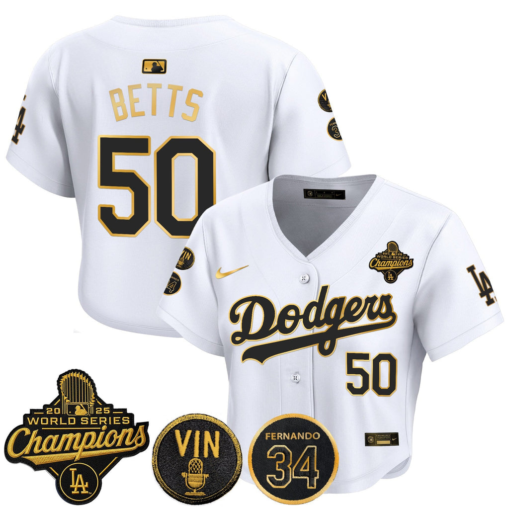 Women's Dodgers 2025 World Series Champions Crop Top Baseball Jersey - Vin Scully & Fernando Patch - All Stitched