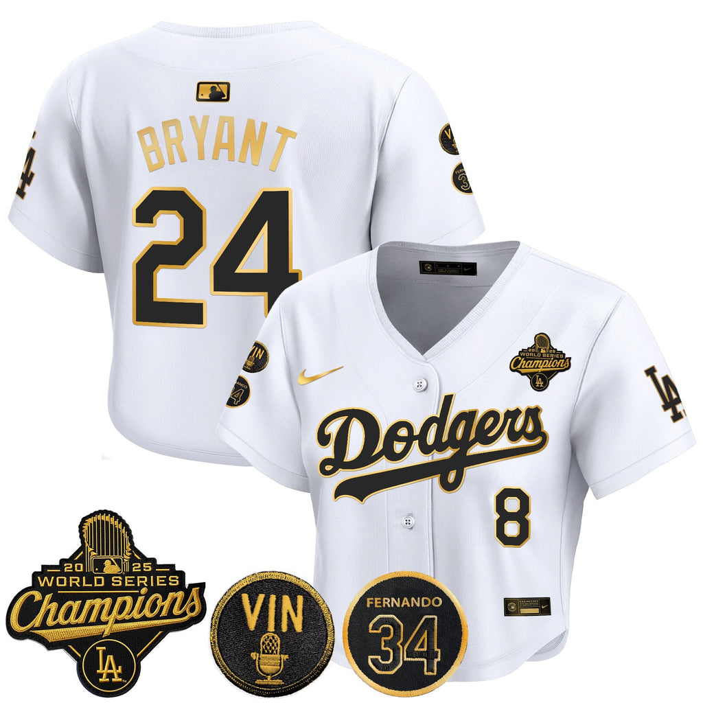Women's Dodgers 2025 World Series Champions Crop Top Baseball Jersey - Vin Scully & Fernando Patch - All Stitched