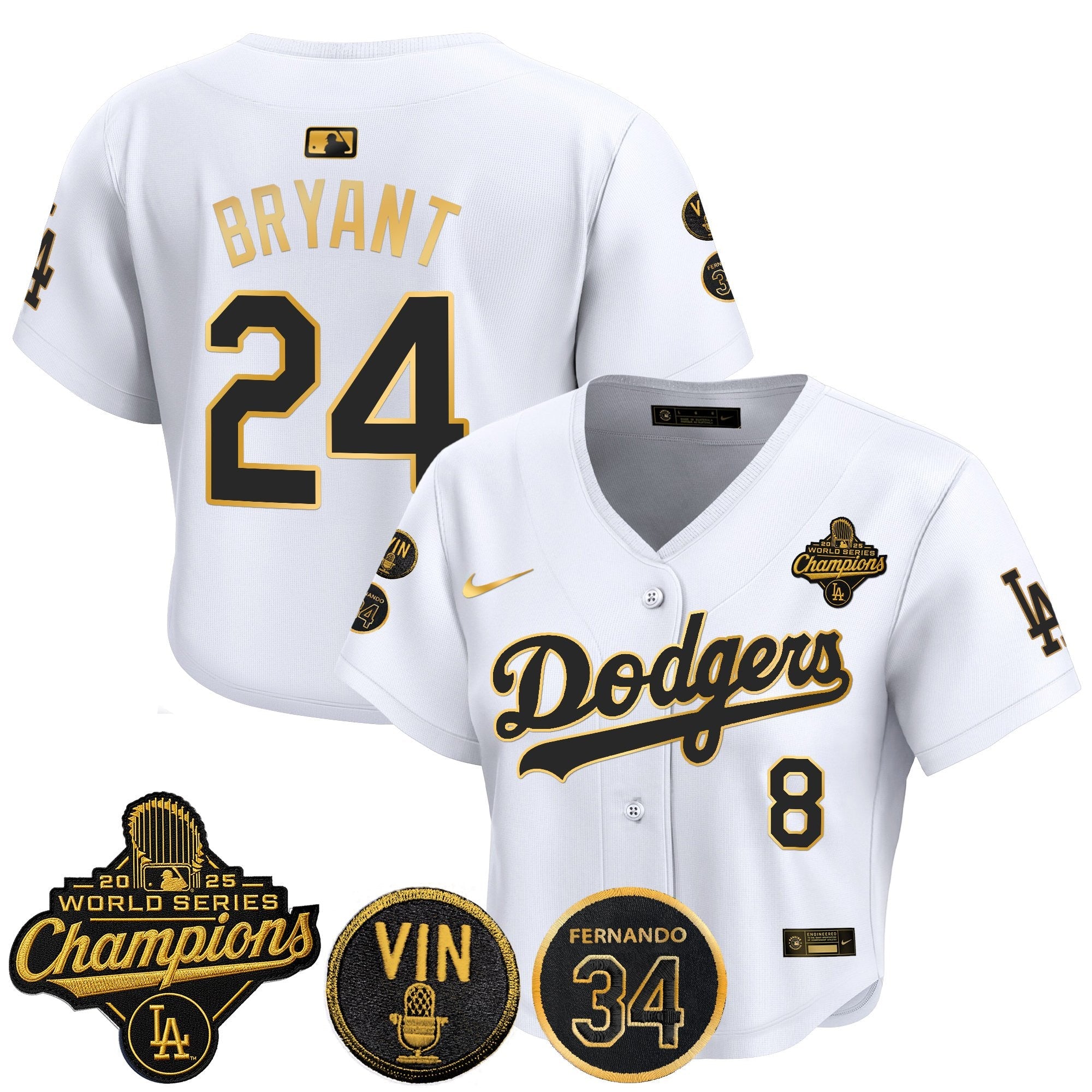Women's Dodgers 2025 World Series Champions Crop Top Baseball Jersey - Vin Scully & Fernando Patch - All Stitched