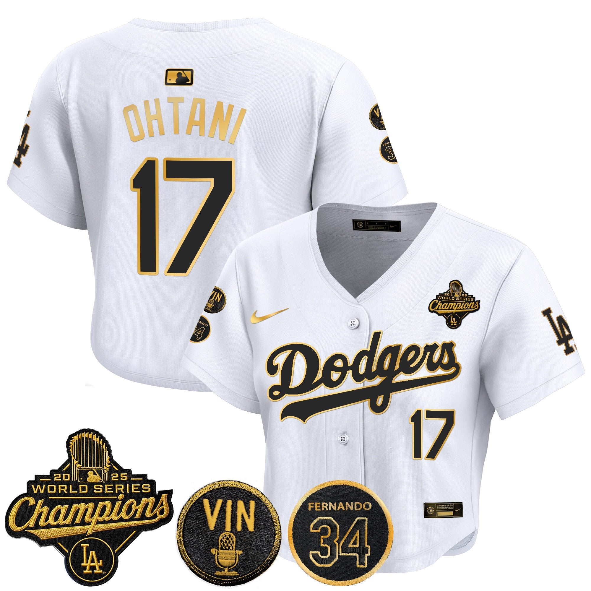 Women's Dodgers 2025 World Series Champions Crop Top Baseball Jersey - Vin Scully & Fernando Patch - All Stitched