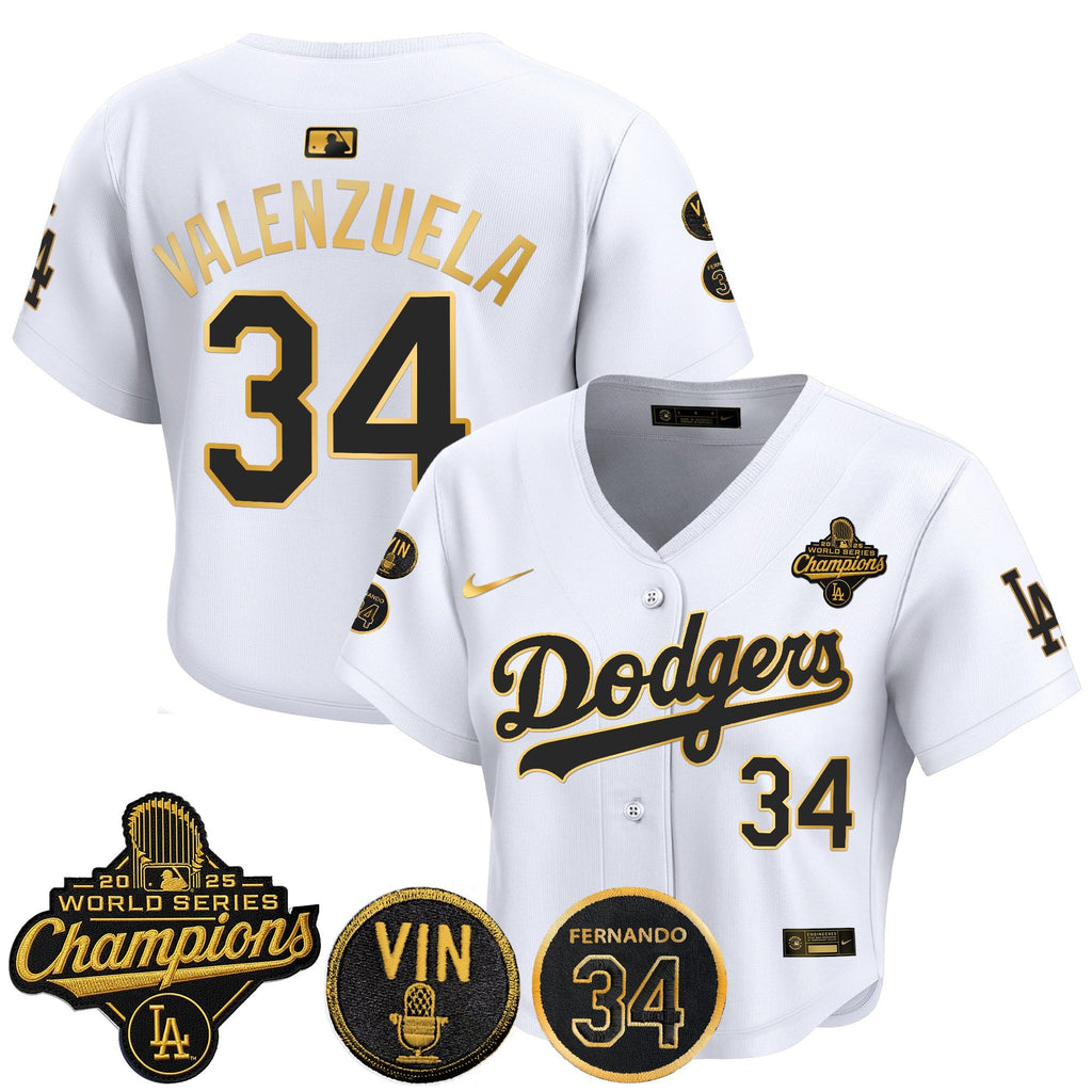 Women's Dodgers 2025 World Series Champions Crop Top Baseball Jersey - Vin Scully & Fernando Patch - All Stitched