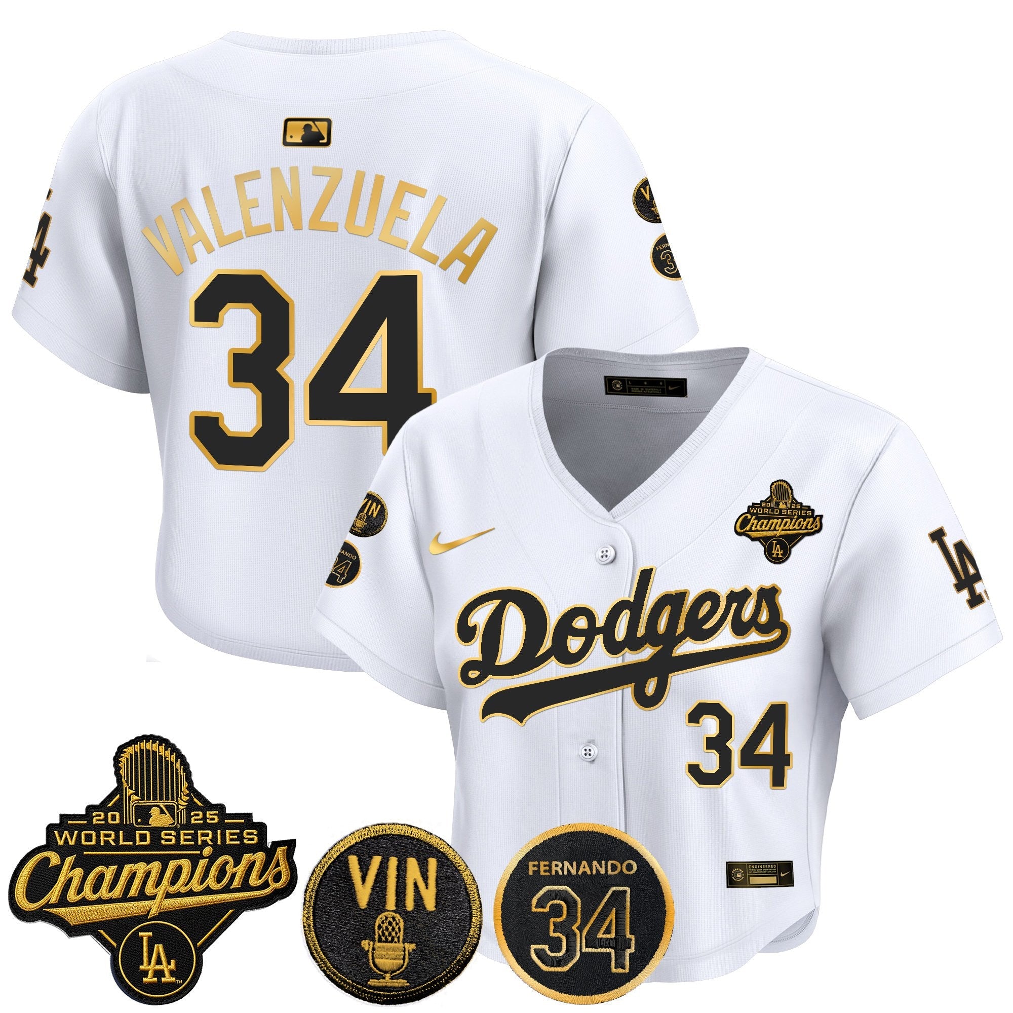 Women's Dodgers 2025 World Series Champions Crop Top Baseball Jersey - Vin Scully & Fernando Patch - All Stitched