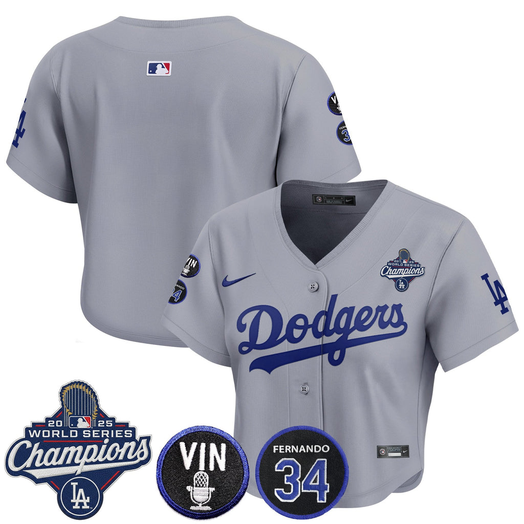 Women's Dodgers 2025 World Series Champions Crop Top Baseball Jersey - Vin Scully & Fernando Patch - All Stitched