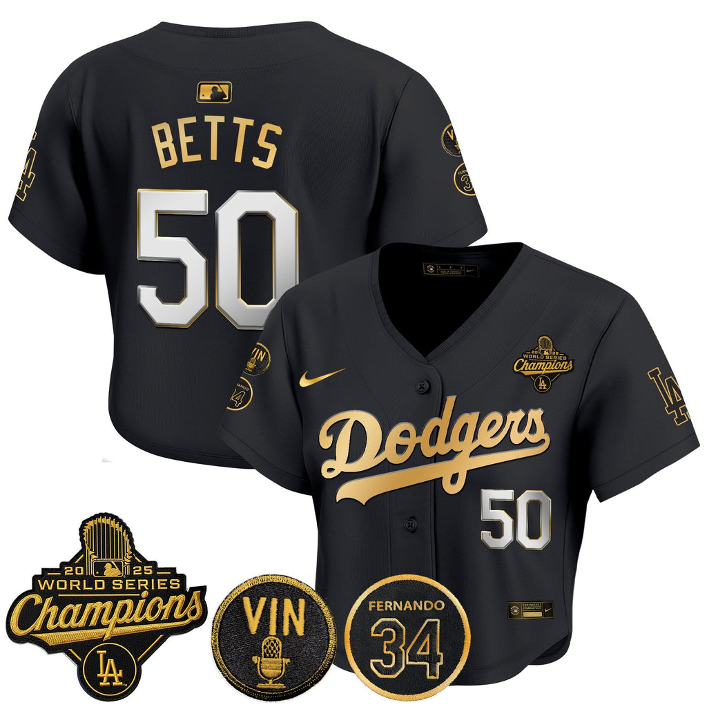 Women's Dodgers 2025 World Series Champions Crop Top Baseball Jersey - Vin Scully & Fernando Patch - All Stitched