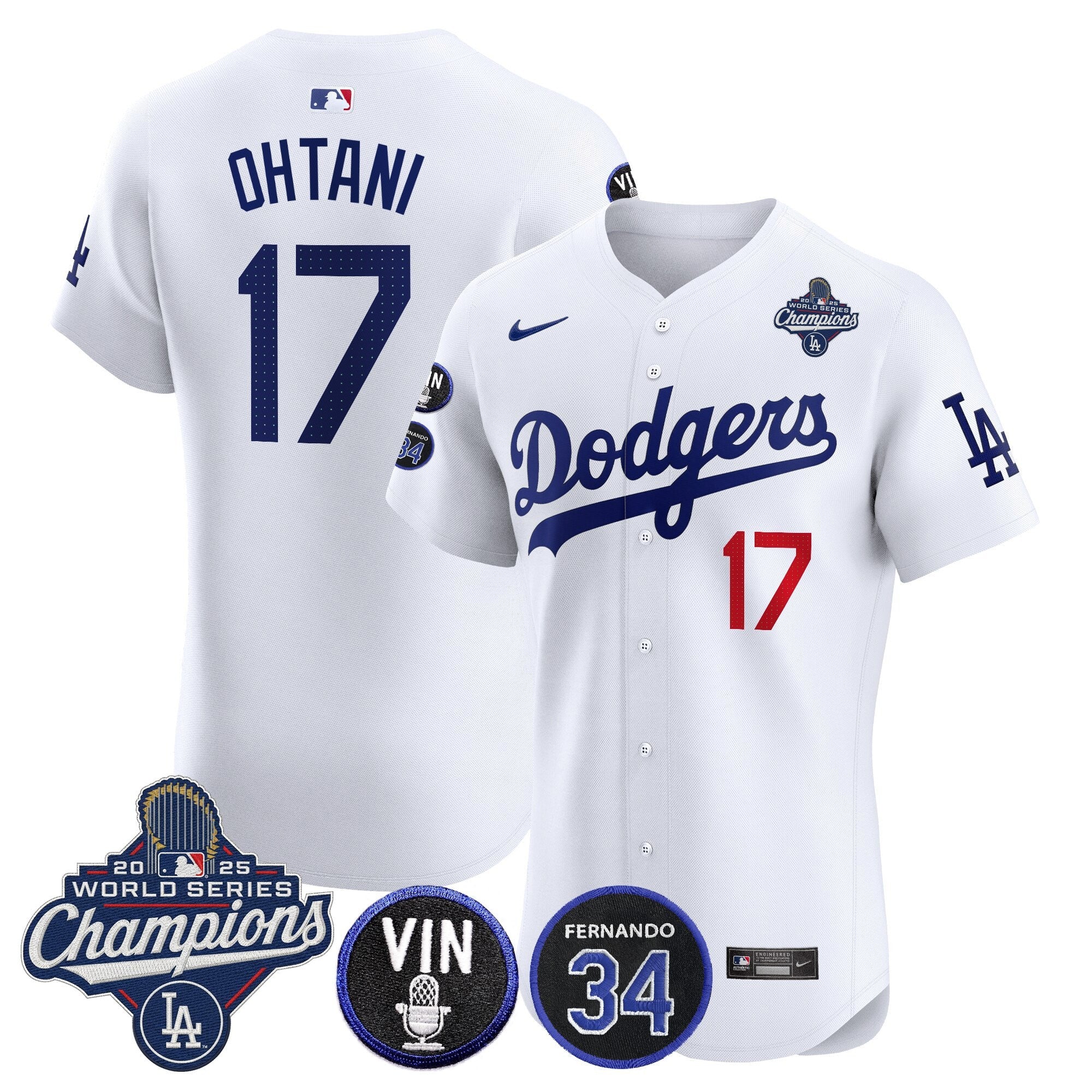 Men's Dodgers 2025 World Series Champions Vapor Premier Elite Jersey - Vin Scully & Fernando Patch - All Stitched
