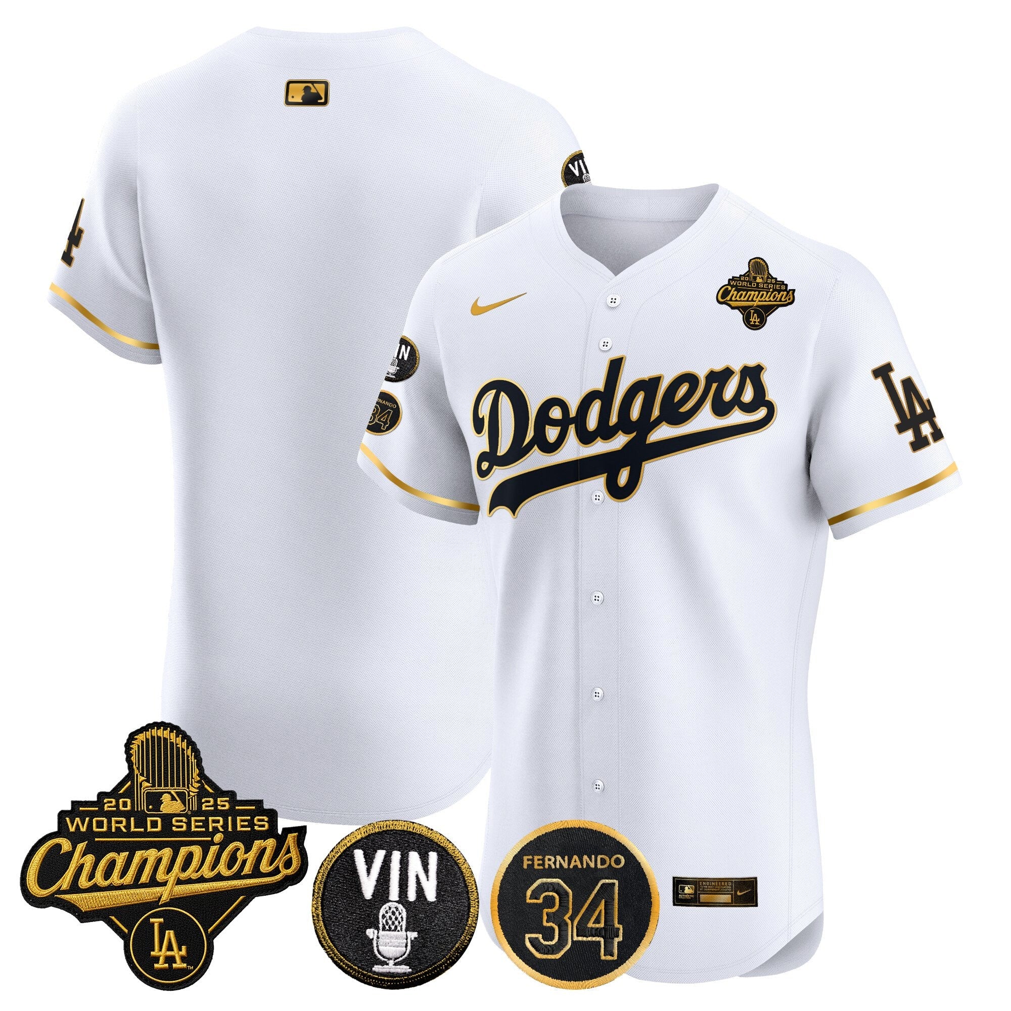 Men's Dodgers 2025 World Series Champions Vapor Premier Elite Jersey - Vin Scully & Fernando Patch - All Stitched