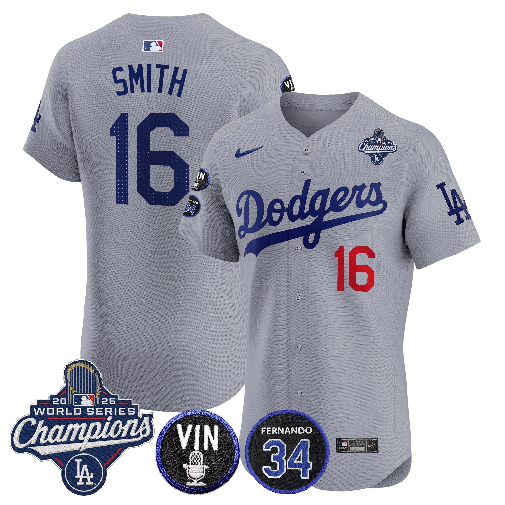 Men's Dodgers 2025 World Series Champions Vapor Premier Elite Jersey - Vin Scully & Fernando Patch - All Stitched