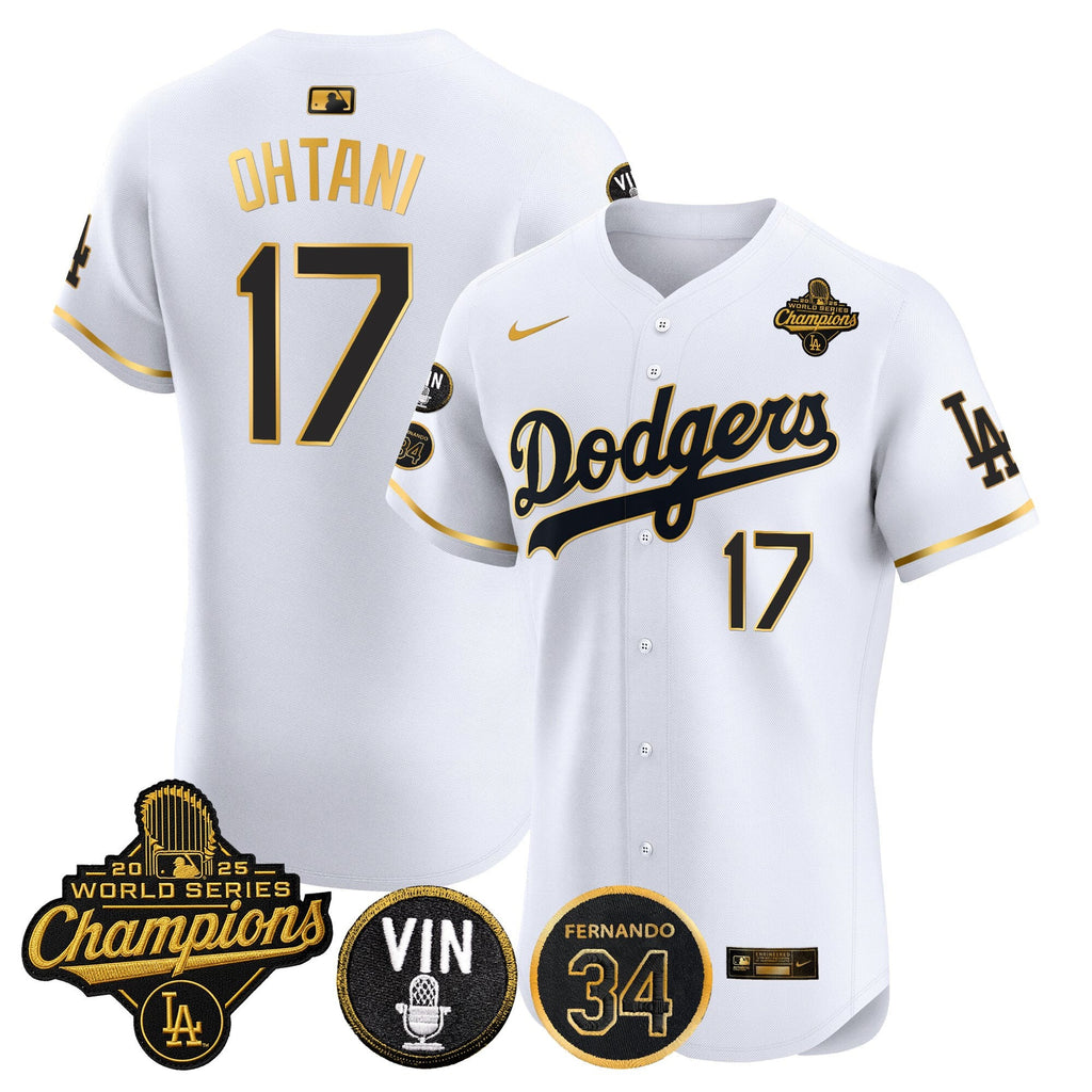 Men's Dodgers 2025 World Series Champions Vapor Premier Elite Jersey - Vin Scully & Fernando Patch - All Stitched
