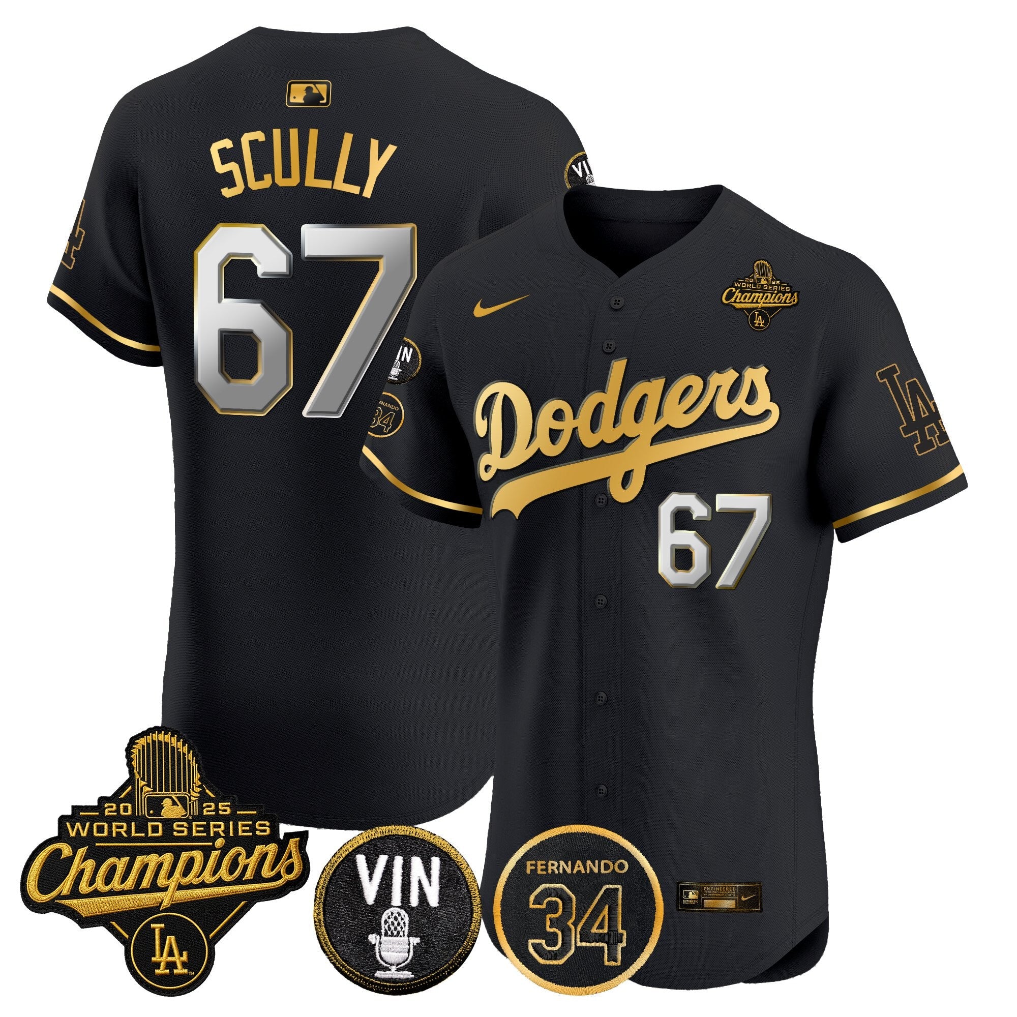 Men's Dodgers 2025 World Series Champions Vapor Premier Elite Jersey - Vin Scully & Fernando Patch - All Stitched