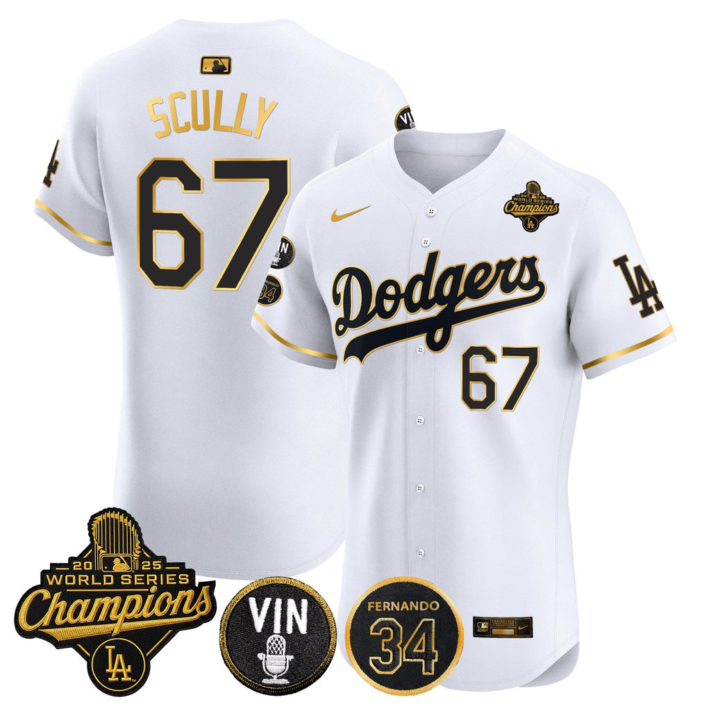 Men's Dodgers 2025 World Series Champions Vapor Premier Elite Jersey - Vin Scully & Fernando Patch - All Stitched