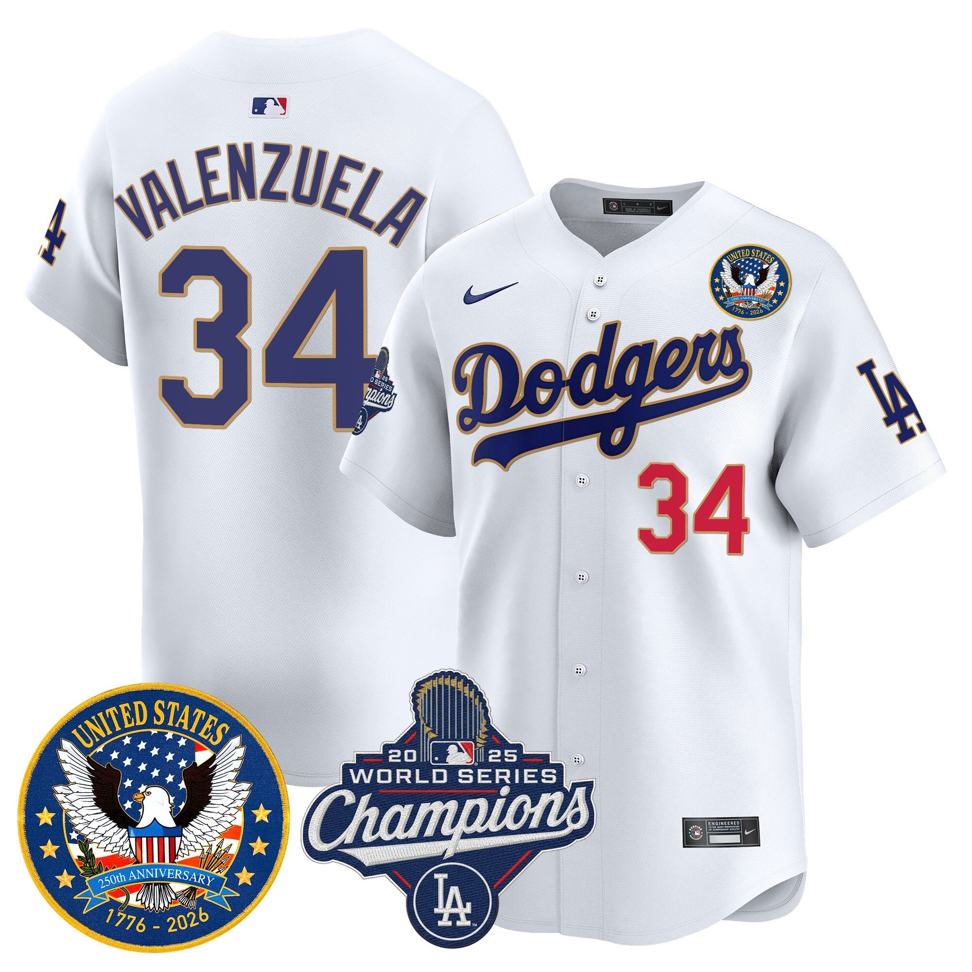 Men's Dodgers 2025 World Series Champions & America 250th Patch Vapor Premier Limited Jersey - All Stitched