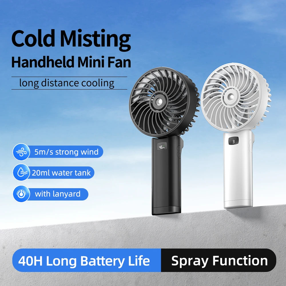 AMORMIYA 5" Handheld Misting Fan USB Rechargeable Portable Cooling Fan with Water Spray 3 Speeds Foldable Display Screen&Lanyard
