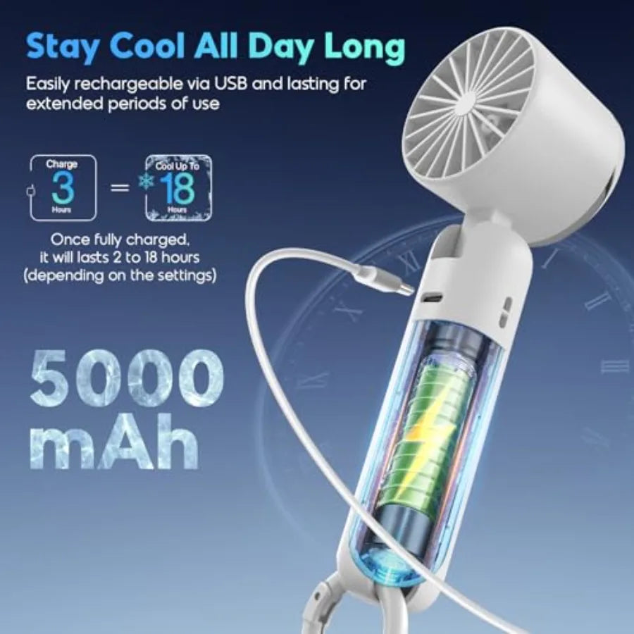 Portable Handheld Fan Powerful Hand Held Mini Fan 3 Speed USB Rechargeable 5000mAh Battery Operated Fan LED Display Cooling Per