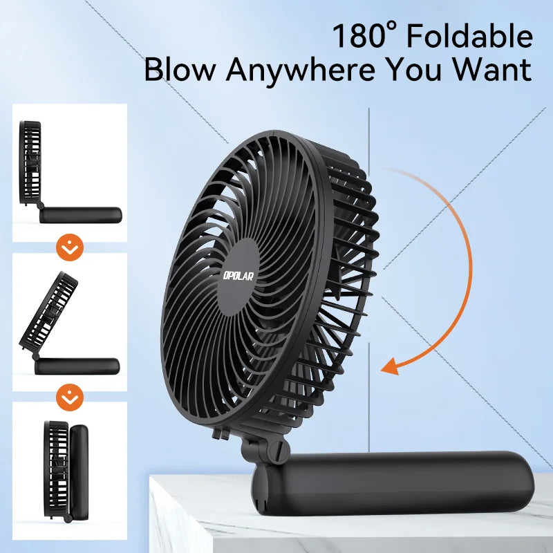OPOLAR Handheld 6inch Rechageable Mini Fan 180°Foldable Handle Silent Strong Wind USB Fan for Home Room Outdoor Travel 10,000mAh